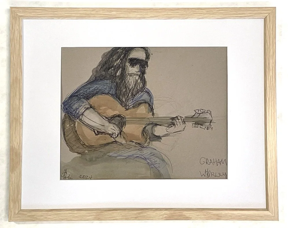 "Graham Whorley," ink and watercolor, sketched stageside at Edisto Blackwater Boogie, 15"h x 12"w,  2024.