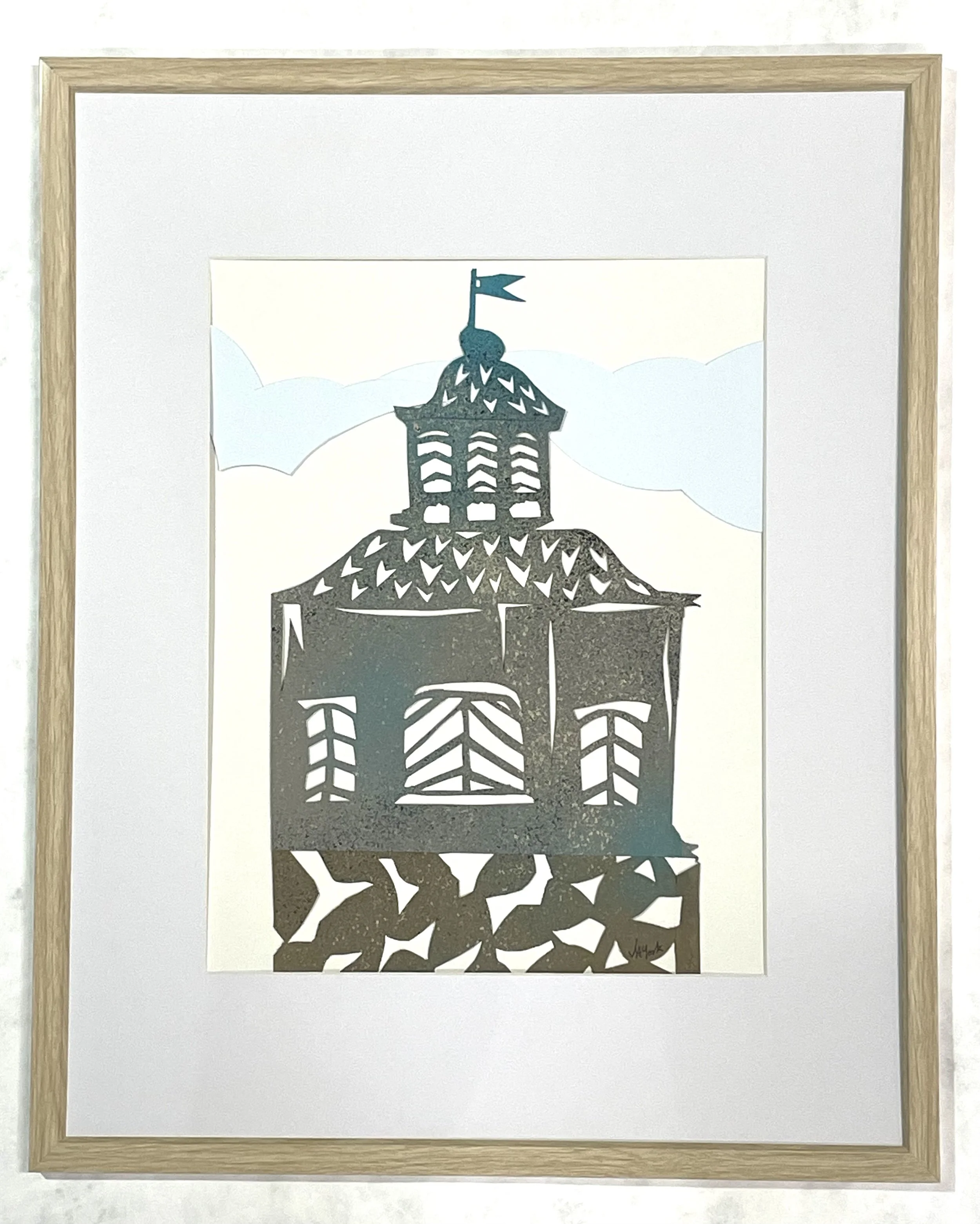 "Belltower, Finland," papercut and ink, 21"h x 17w, 2025.