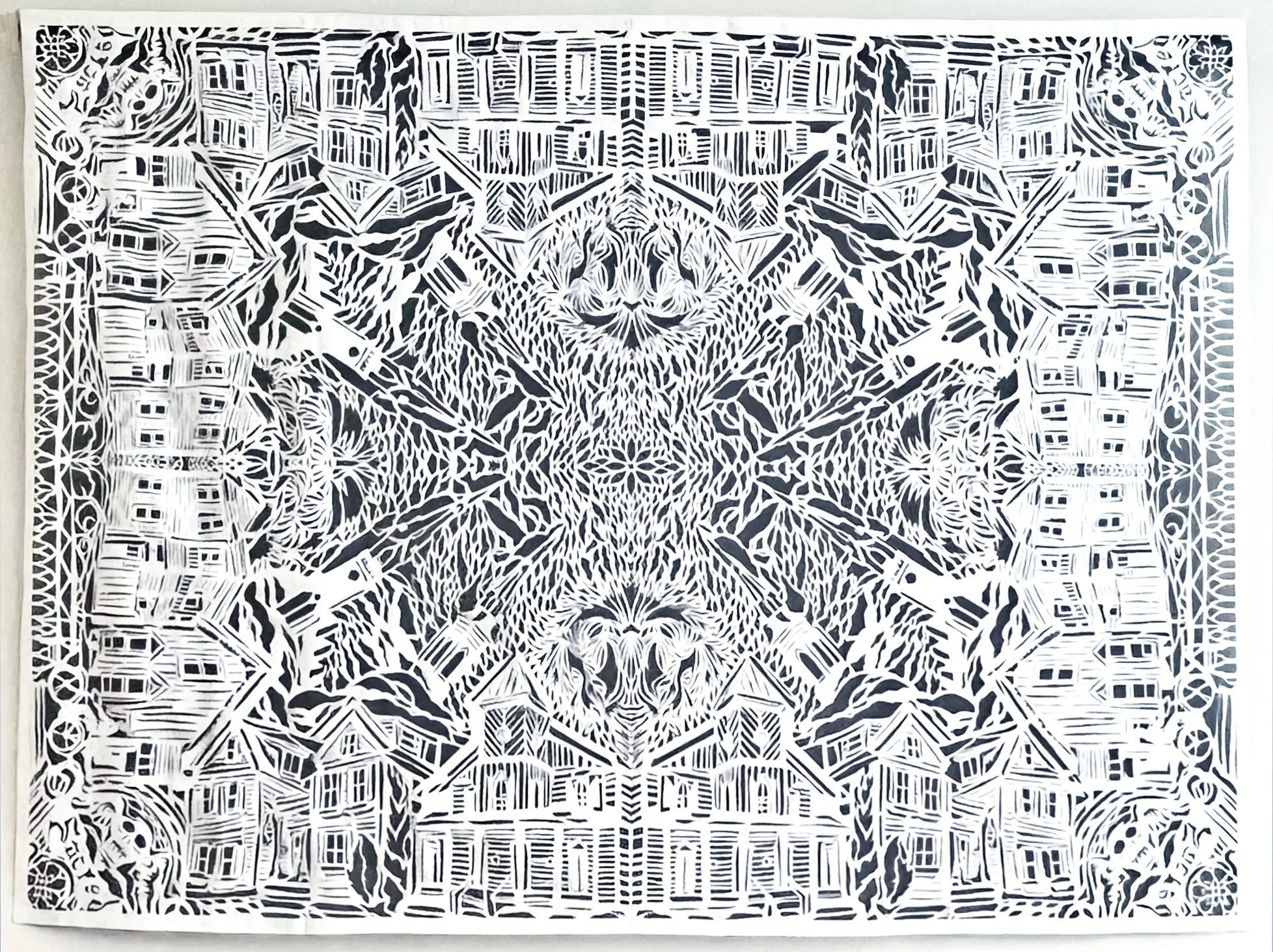 "Holy City," tyvek papercut over porch screen, 60"h x 85"w, 2024. 