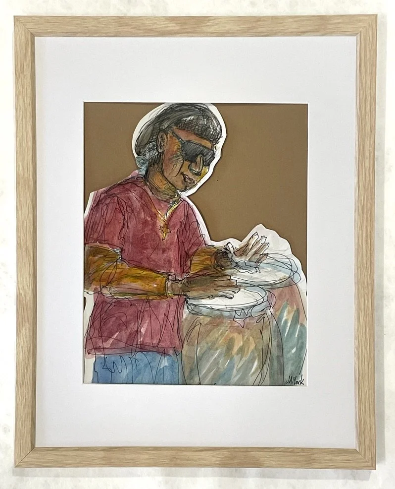 "Bongo Boogie," ink and watercolor, sketched stageside at Edisto Blackwater Boogie ,15"h x 12"w,  2024.