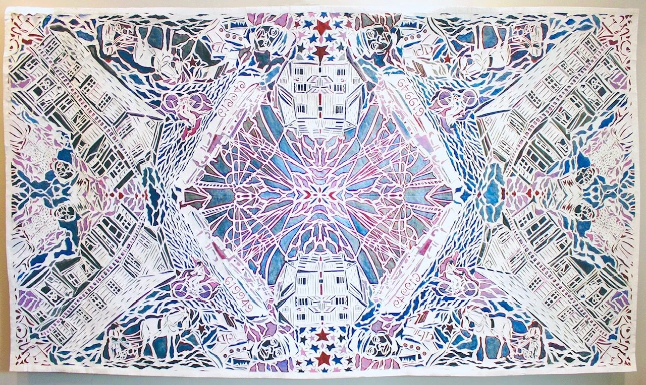 "Sol Lwgare Run," tyvek papercut, acrylic ink, 60" x 108", 2025