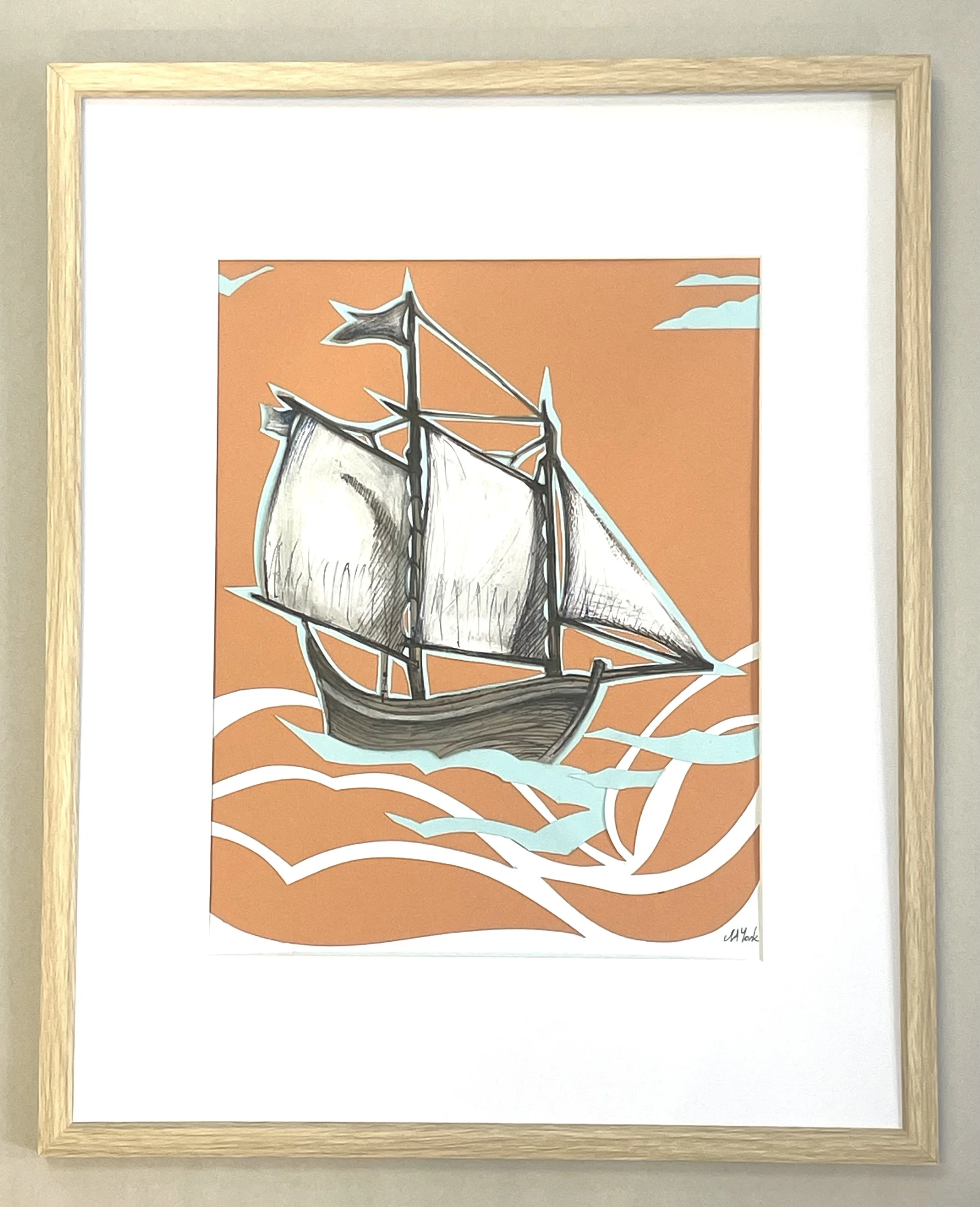 "Schooner at Sunset" original framed papercut artwork