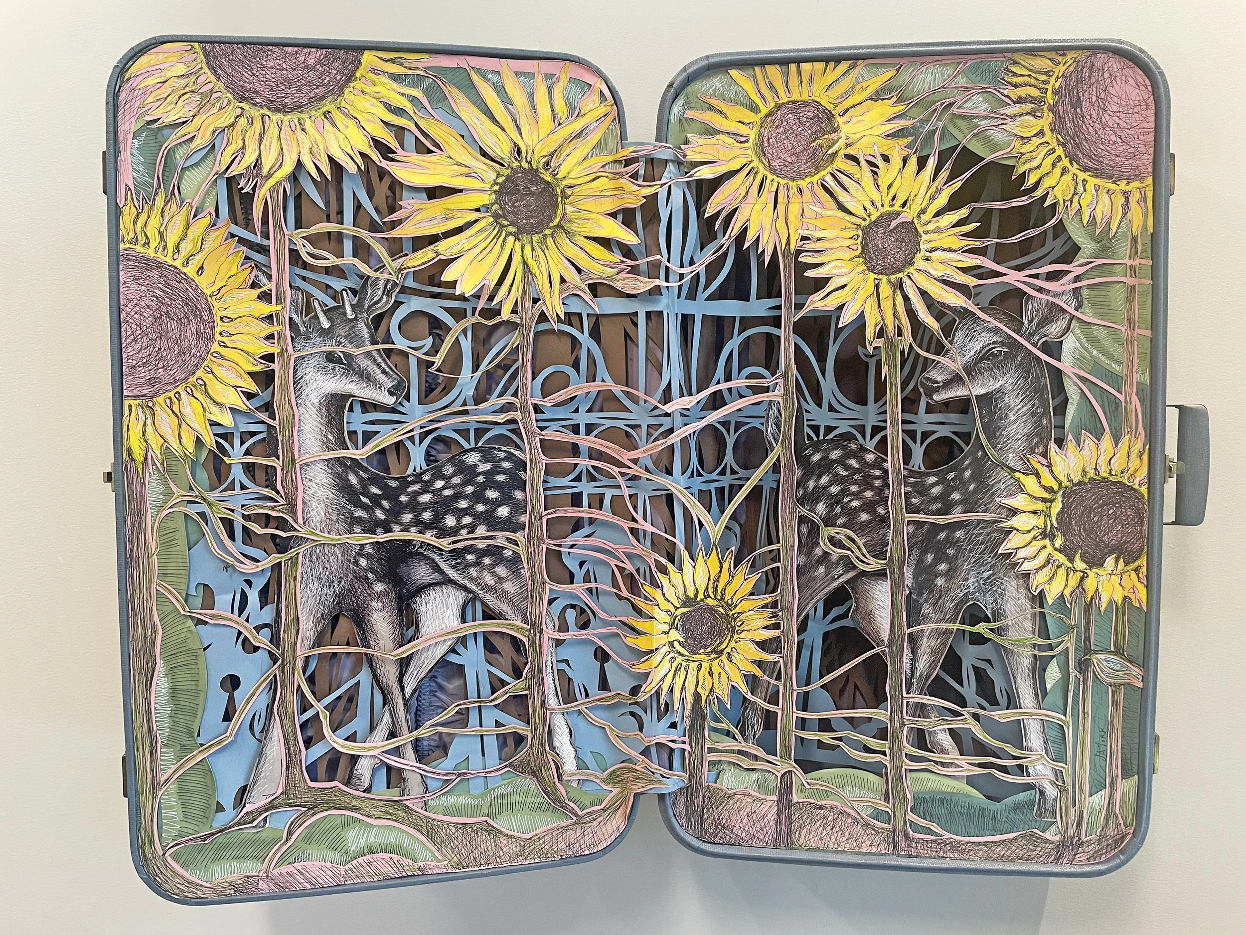 "Twin Fawns" ink and papercut in vintage suitcase