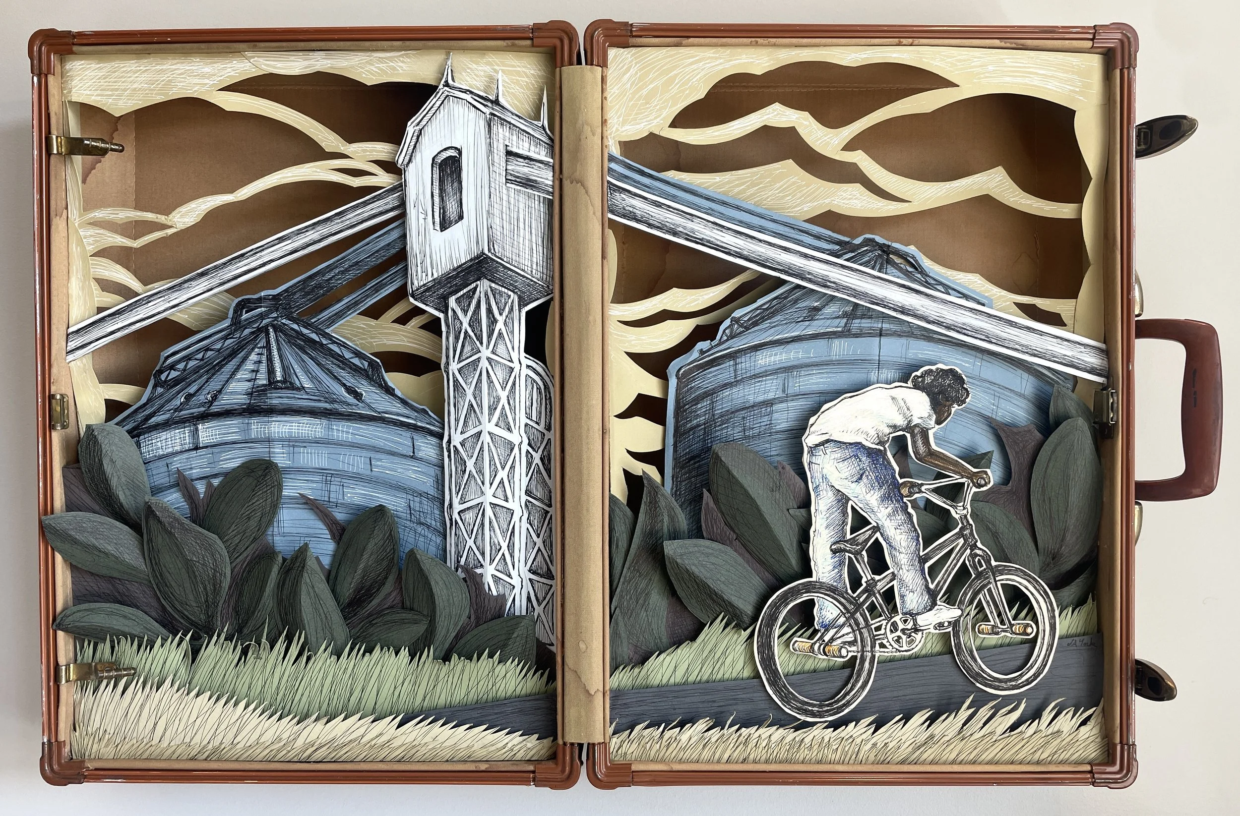 "Noisette Creek," papercut and ink in vintage suitcase, 21"h x 33"w x 4"d, 2026.