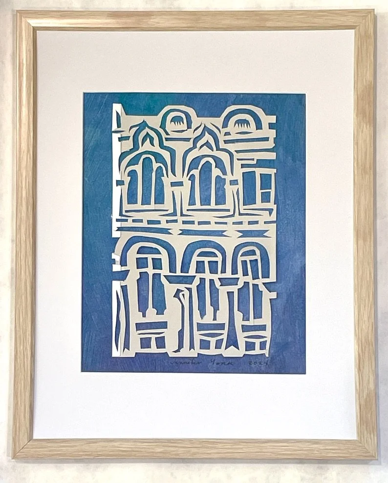 "National Academy, Sofia," papercut and watercolor, 15"h x 12"w, 2024.