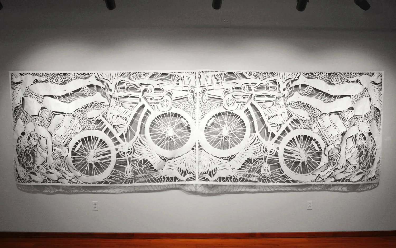 "Ghost Bike Elegy," tyvek papercut over porch screen, 5 ft h x 16 ft w, 2023
