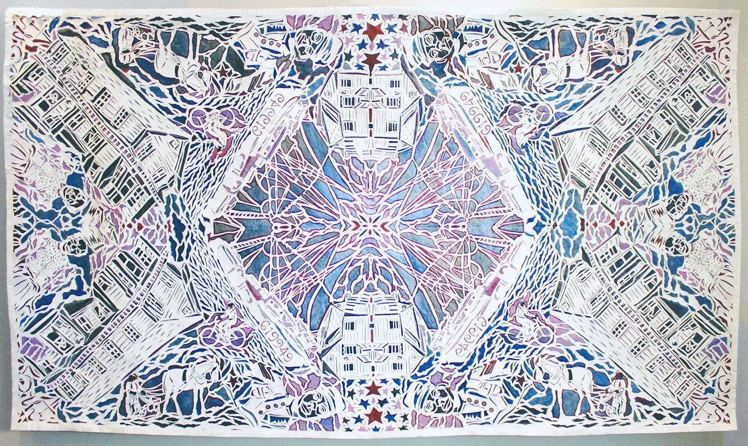 "Sol Legare Run," tyvek papercut and ink. 60"h x 109"w, 2025.