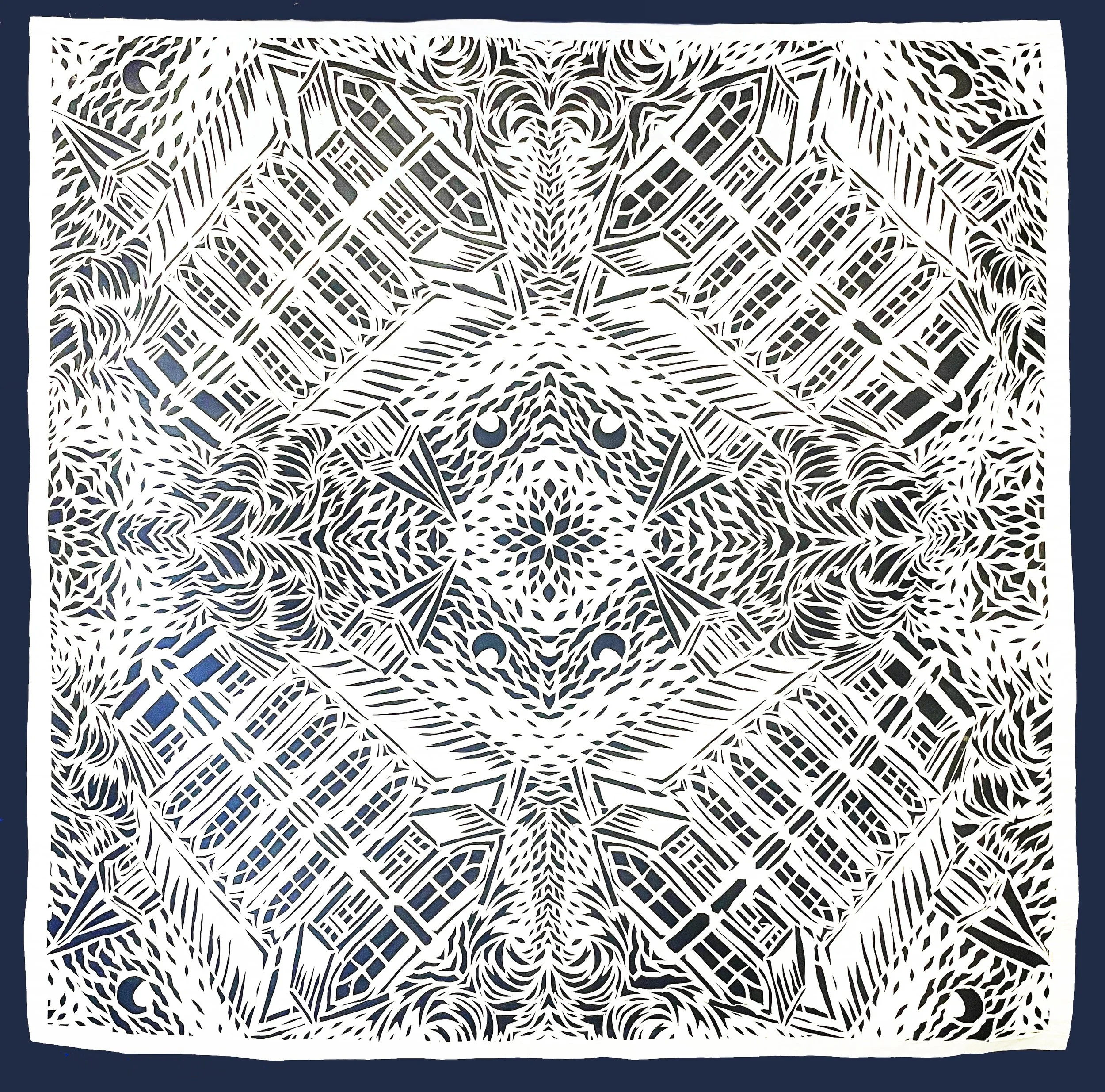 "May River Moonrise," tyvek papercut over porch screen, 48"h x 48"w, 2005.