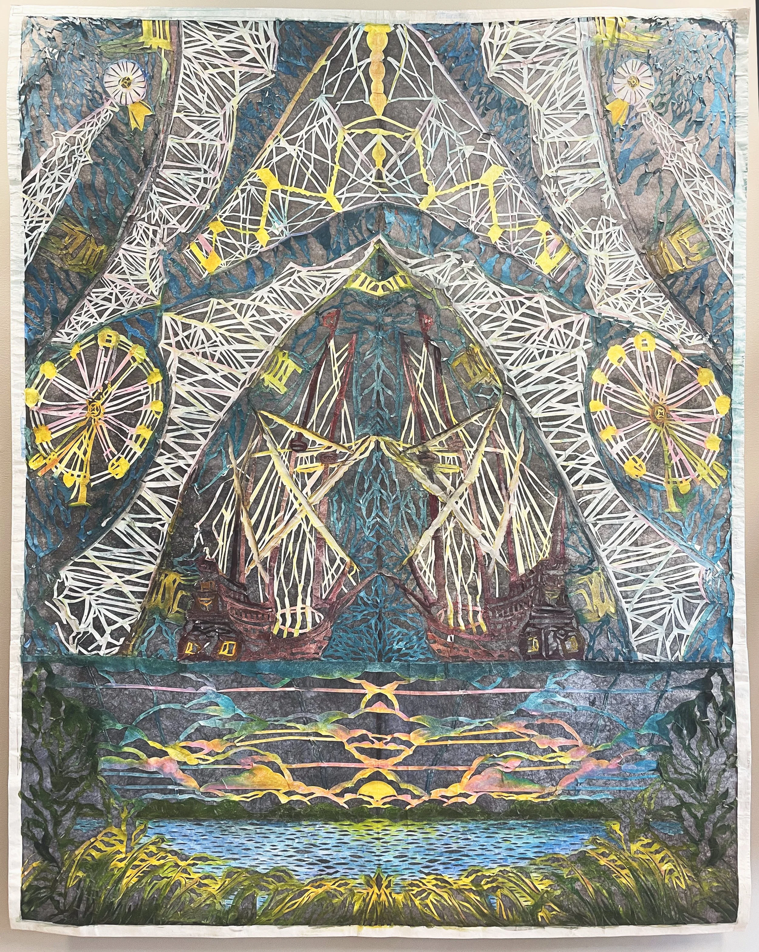 "Promised Land," tyvek papercut and ink, 75"h x 60"w, 2025.