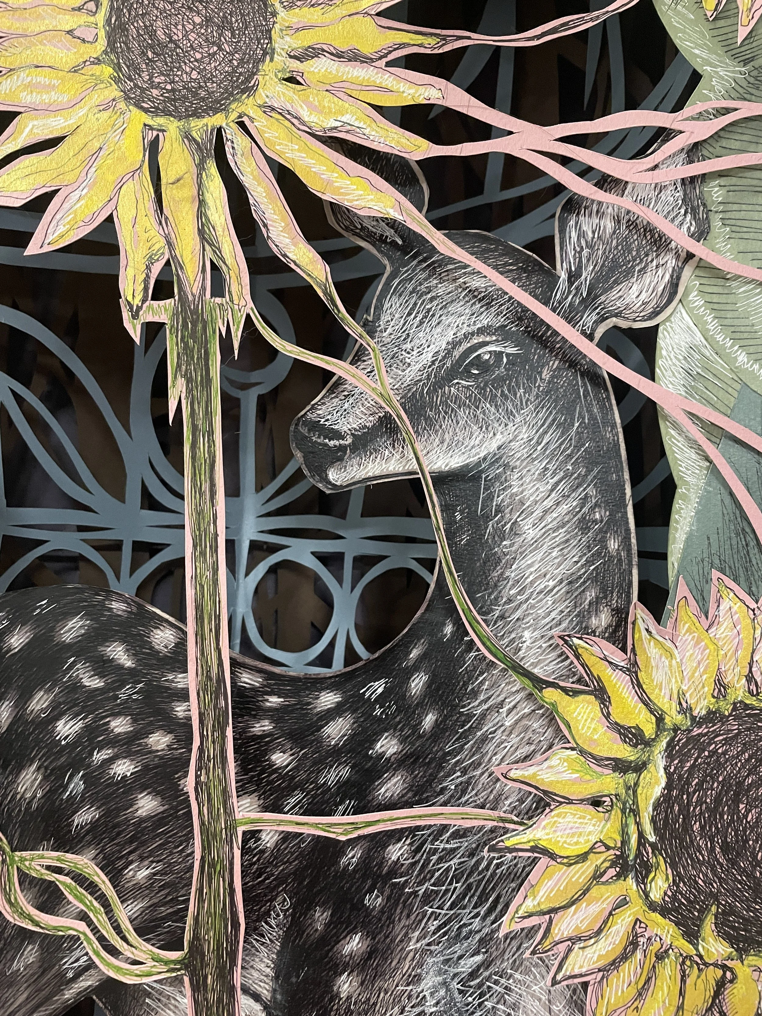 Detail, "The Secret Forest," papercut and ink in vintage suitcase, 29"h x 39"w x 7"d, 2025.