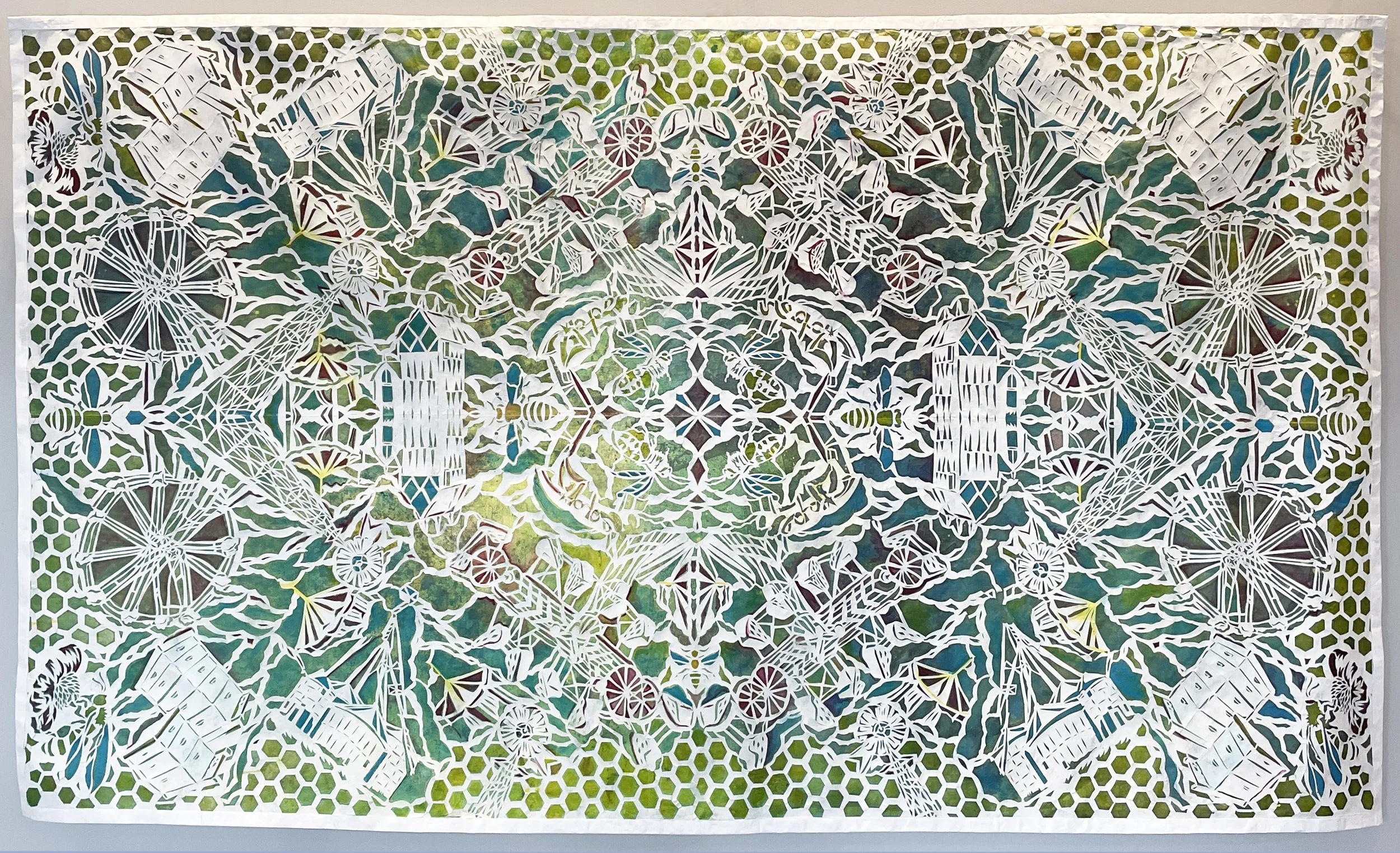 "Honey Acres II" tyvek papercut and ink, 60"h x 109"w, 2025. 