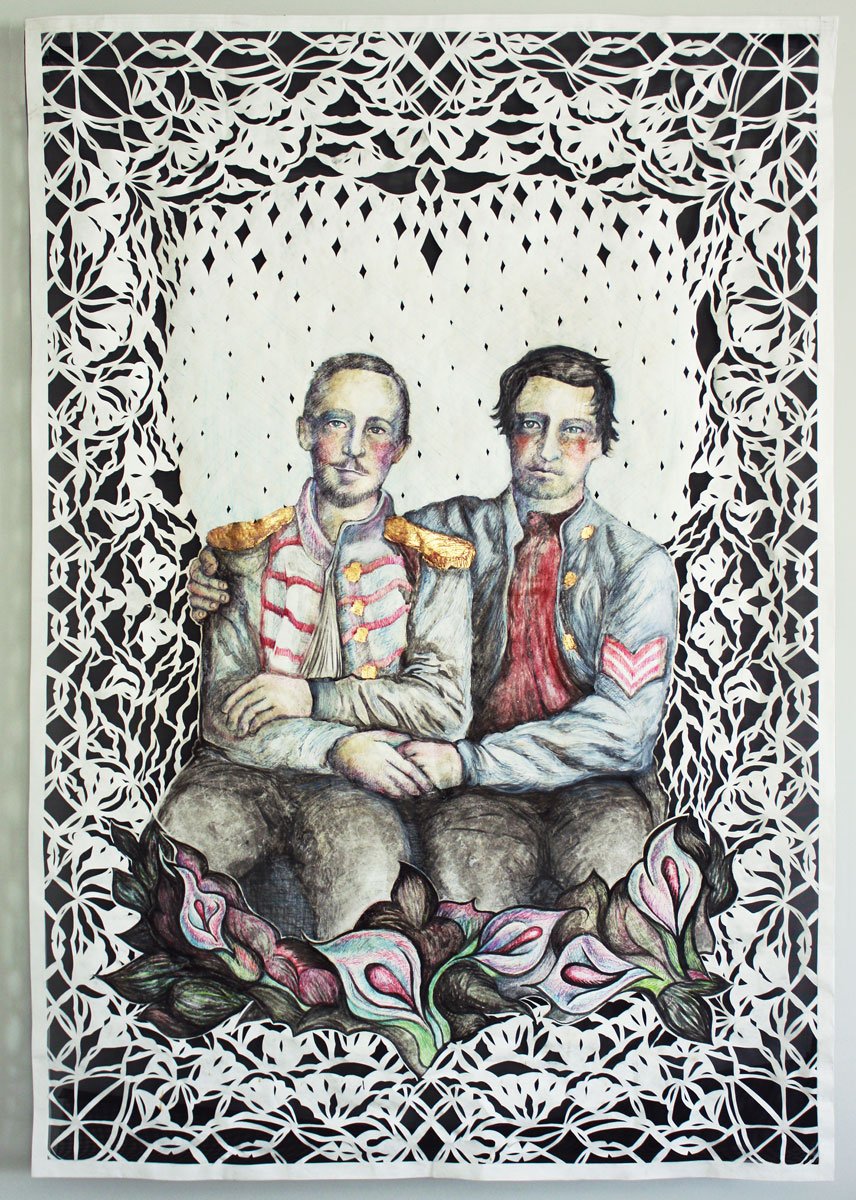 "Brothers in Arms" ink, gold leaf & shellac on tyvek papercut over porch screen, 80"h x 52"w, 2023.