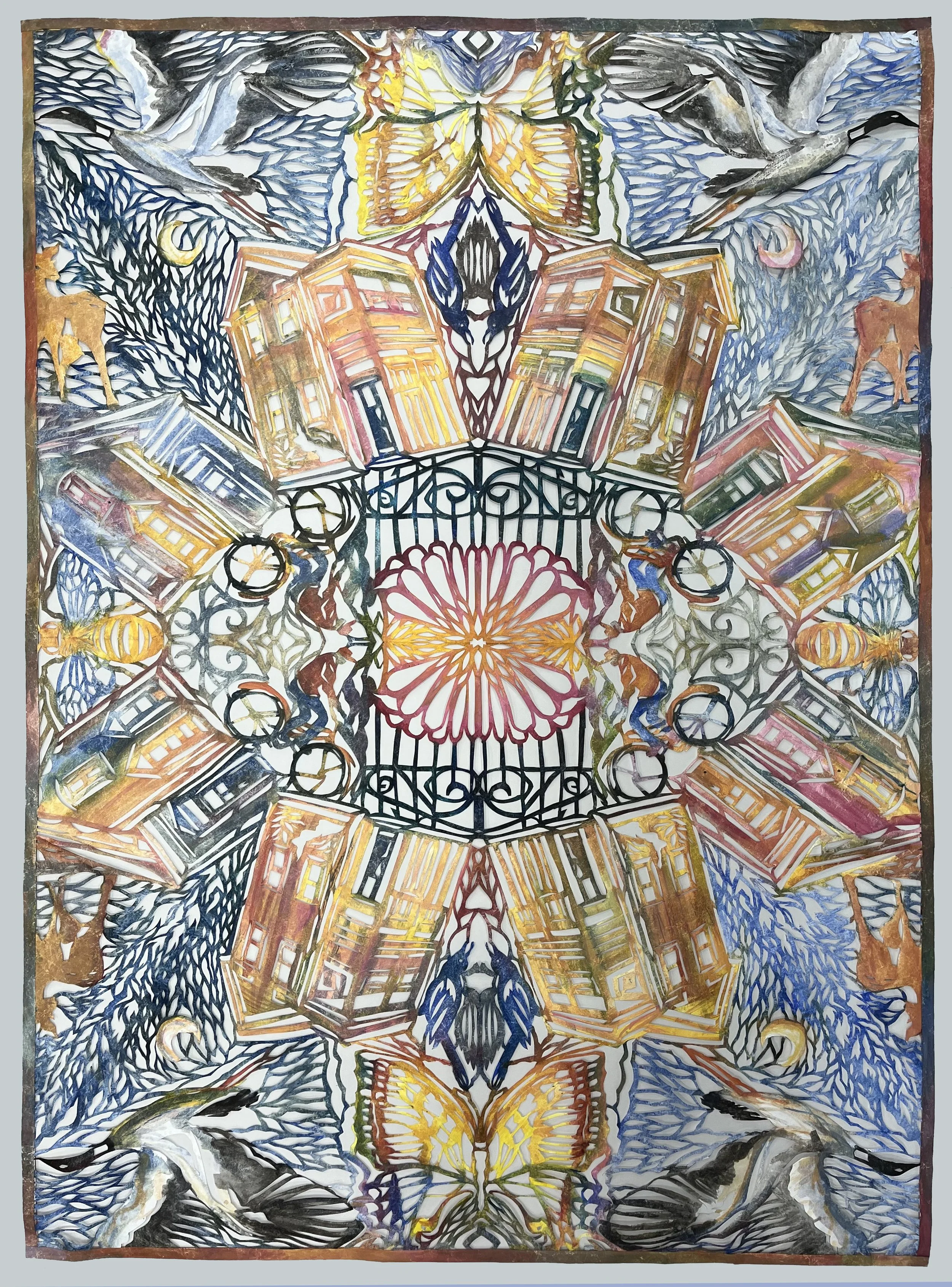 "Charleston Confection," tyvek papercut and ink, 52"h x 38"w, 2025. Collection of MUSC Foundation, Charleston, SC. 