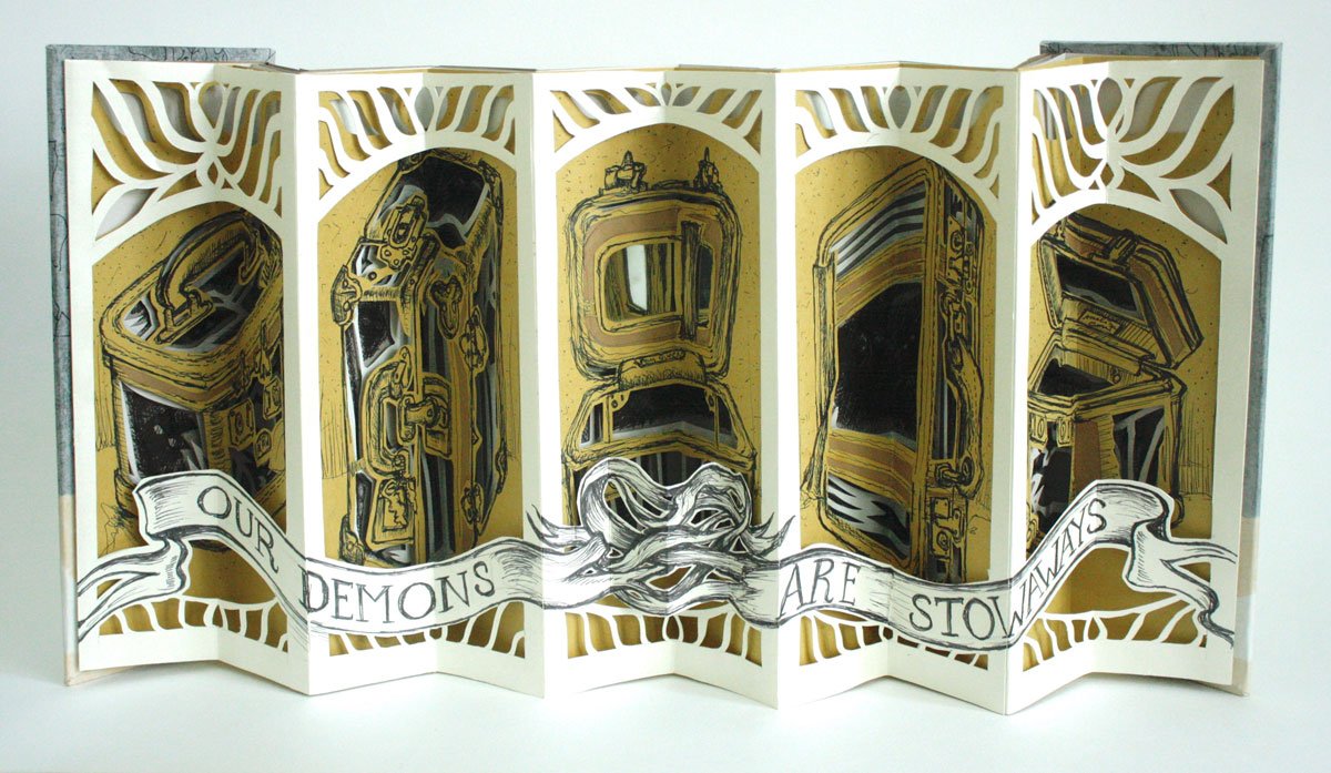 "Stowaways," carousel pop-up book, 2020. Collection of Burroughs-Chapin Art Museum, Myrtle Beach, SC.