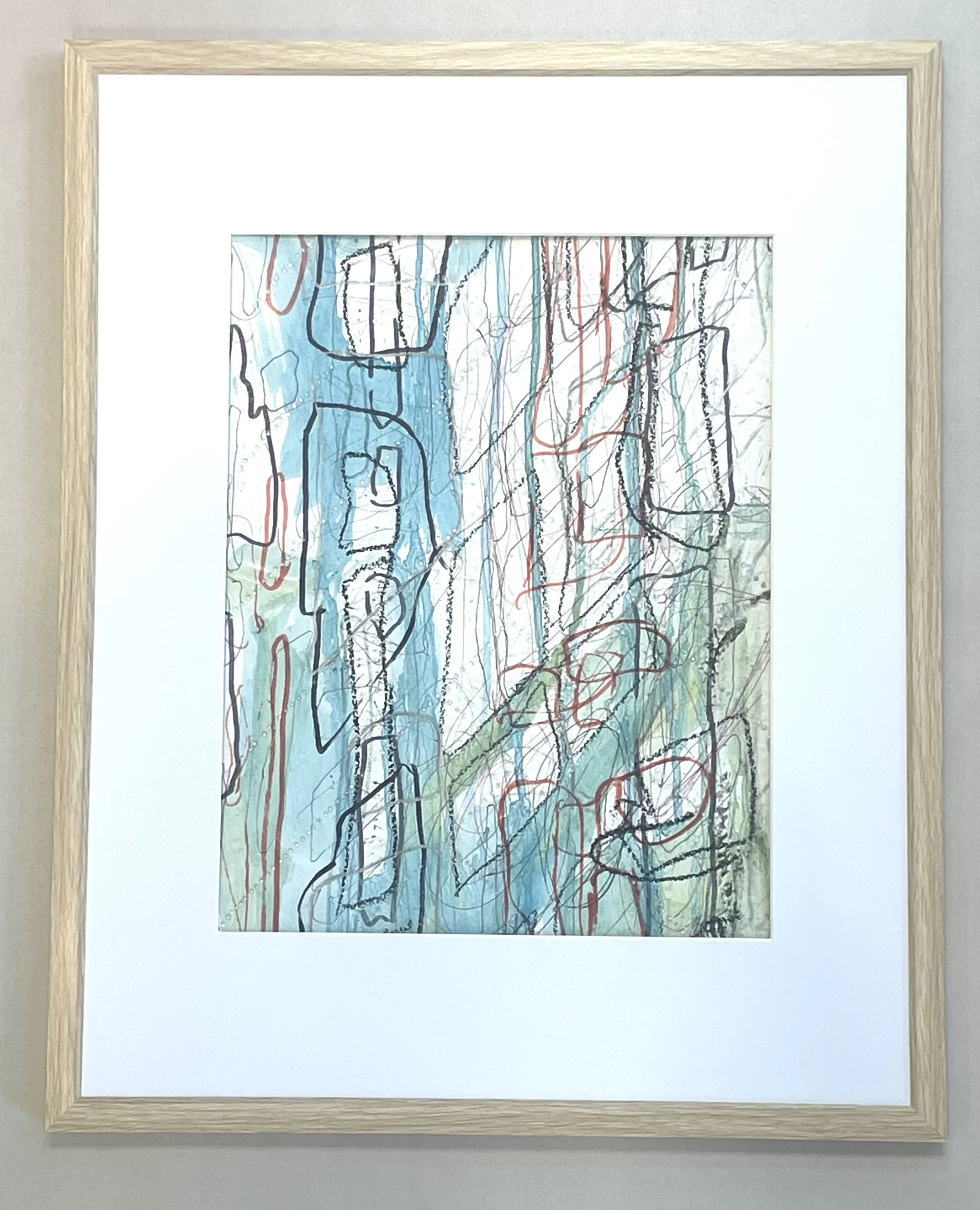 "Afternoons, Sofia," mixed media on tracing paper over porch screen, 21"h x 17w, 2024.