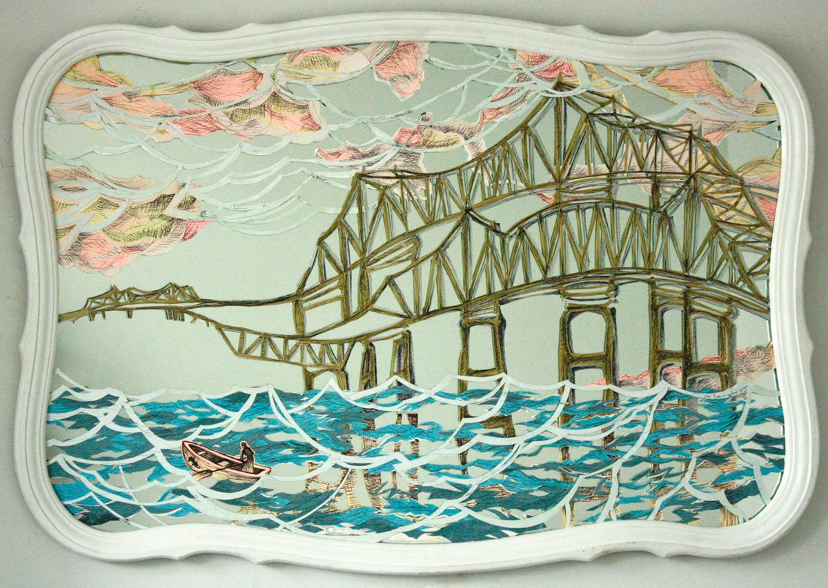 "Gemini Bridges" papercut & ink in vintage mirror, 32" x 46",, 2021.