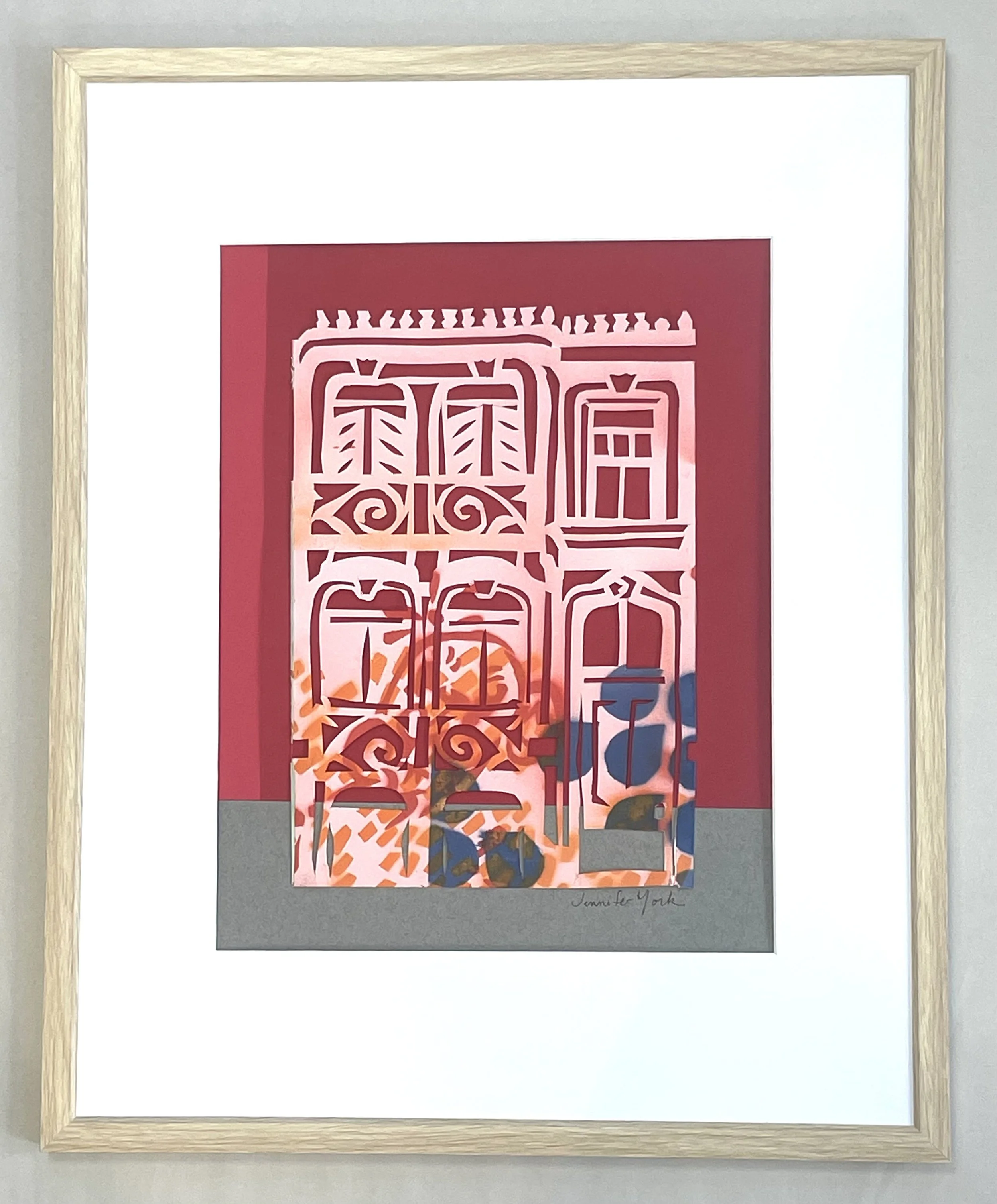 "Graffiti House in Pink and Red," papercut and spray paint, 21"h x 17w, 2025.