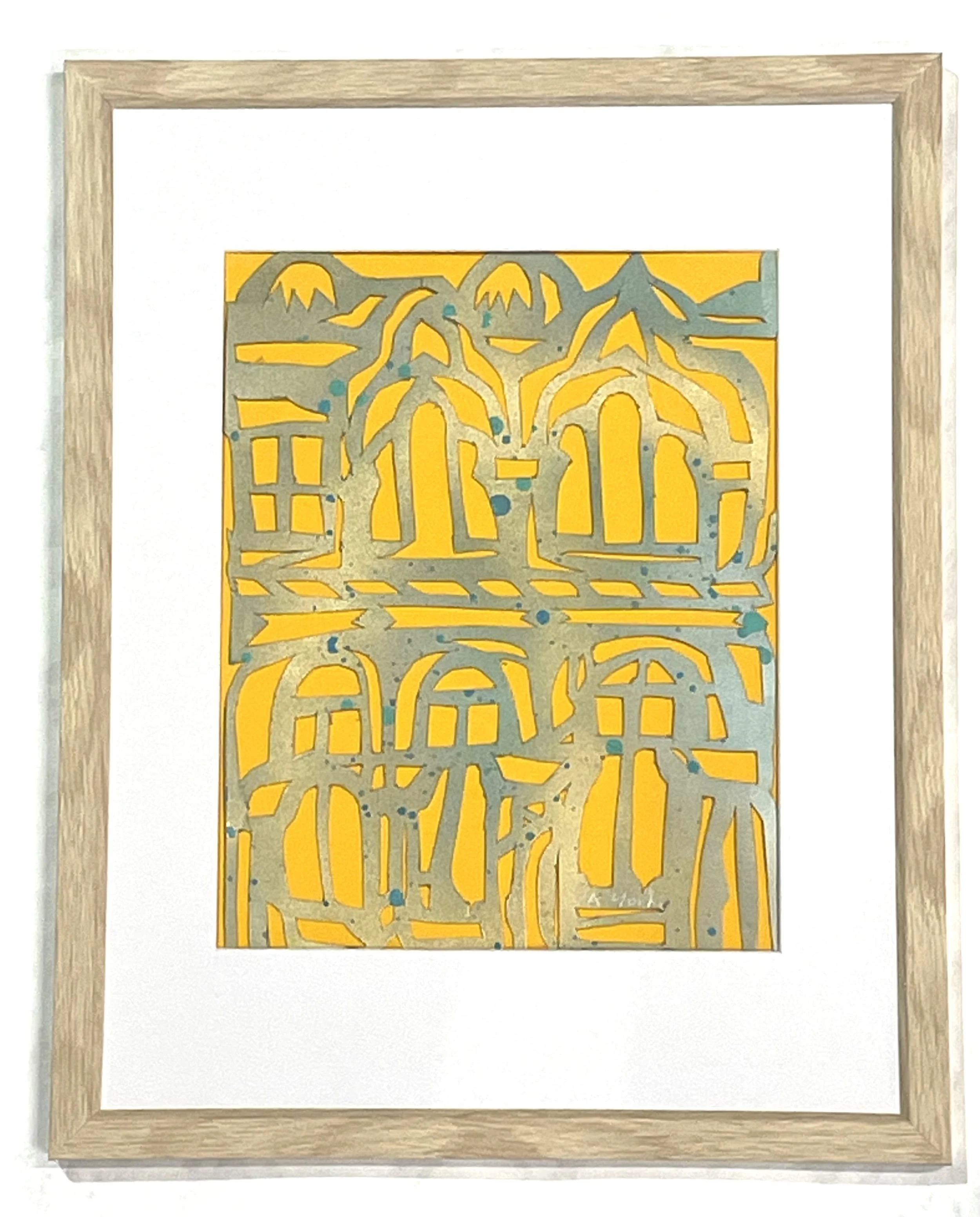 "Facade in Gold and Mint," papercut and spray paint, 15"h x 12w, 2025. Private co;llection.