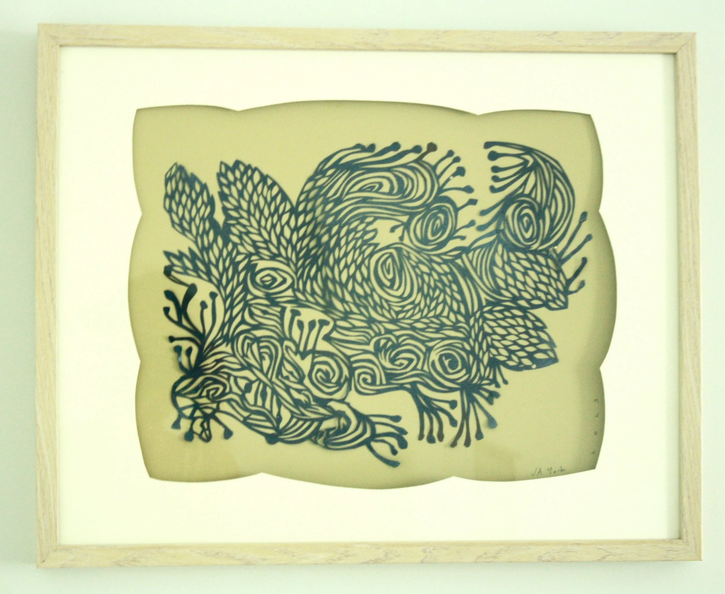 "Feathers," papercut and spray paint, 21"h x 17w, 2023.