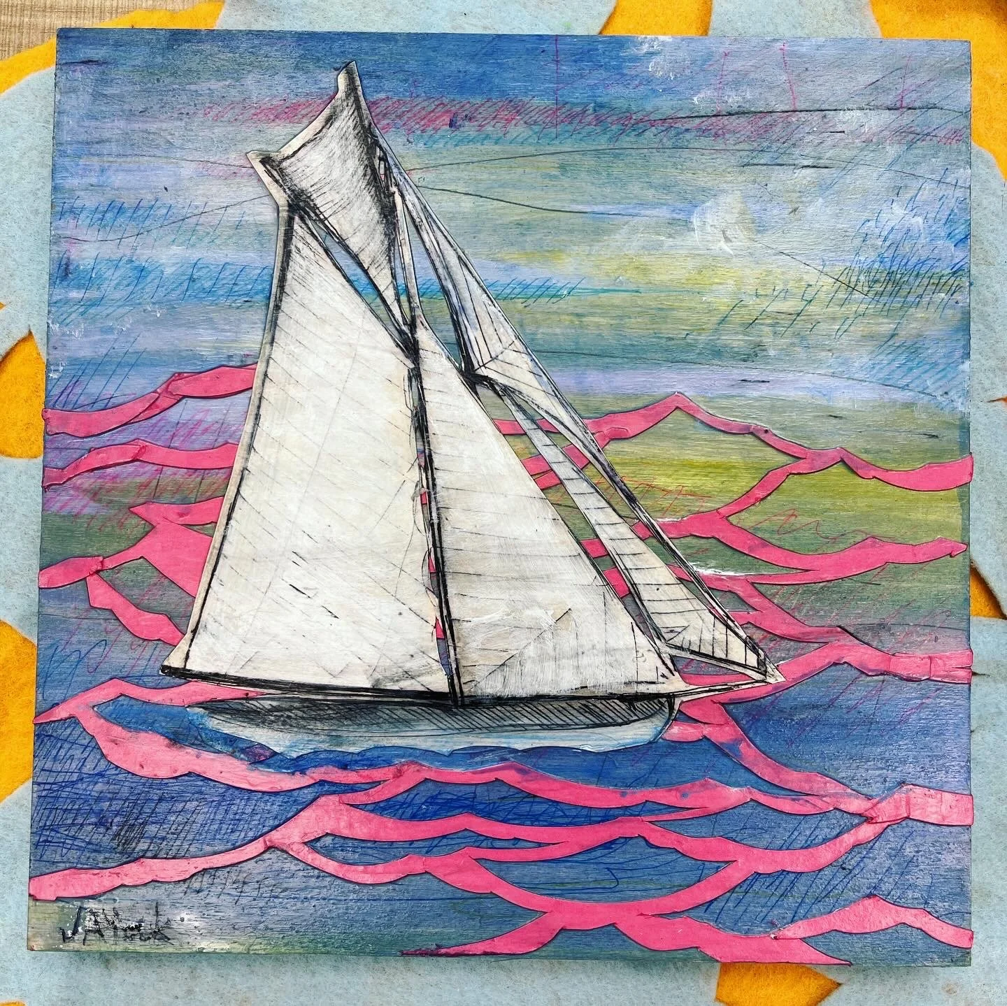 "Blue Sail," papercut and acrylic ink on wood, 12" x 12", 2025. Available at the Gallery at Sweetgrass, Isle of Palms, SC. 