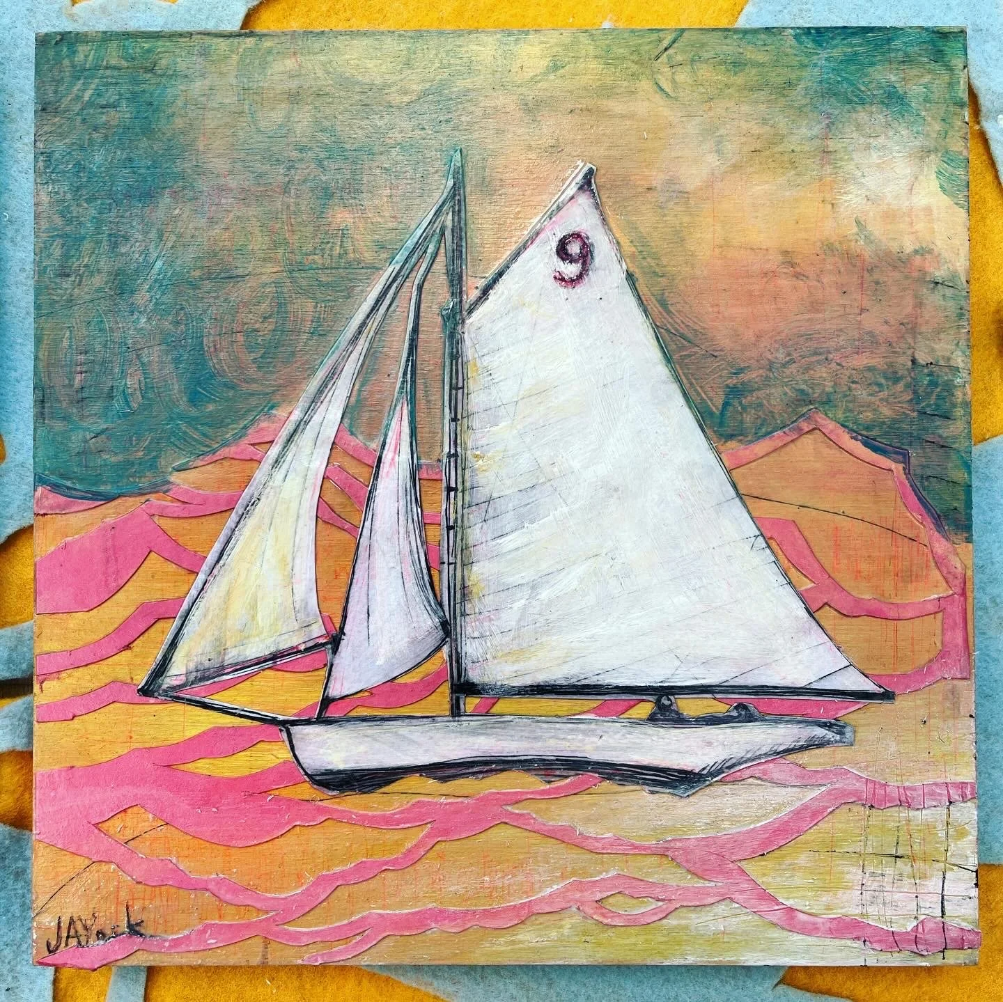 "Sunset Sail," papercut and acrylic ink on wood, 12" x 12", 2025. Available at the Gallery at Sweetgrass, Isle of Palms, SC. 