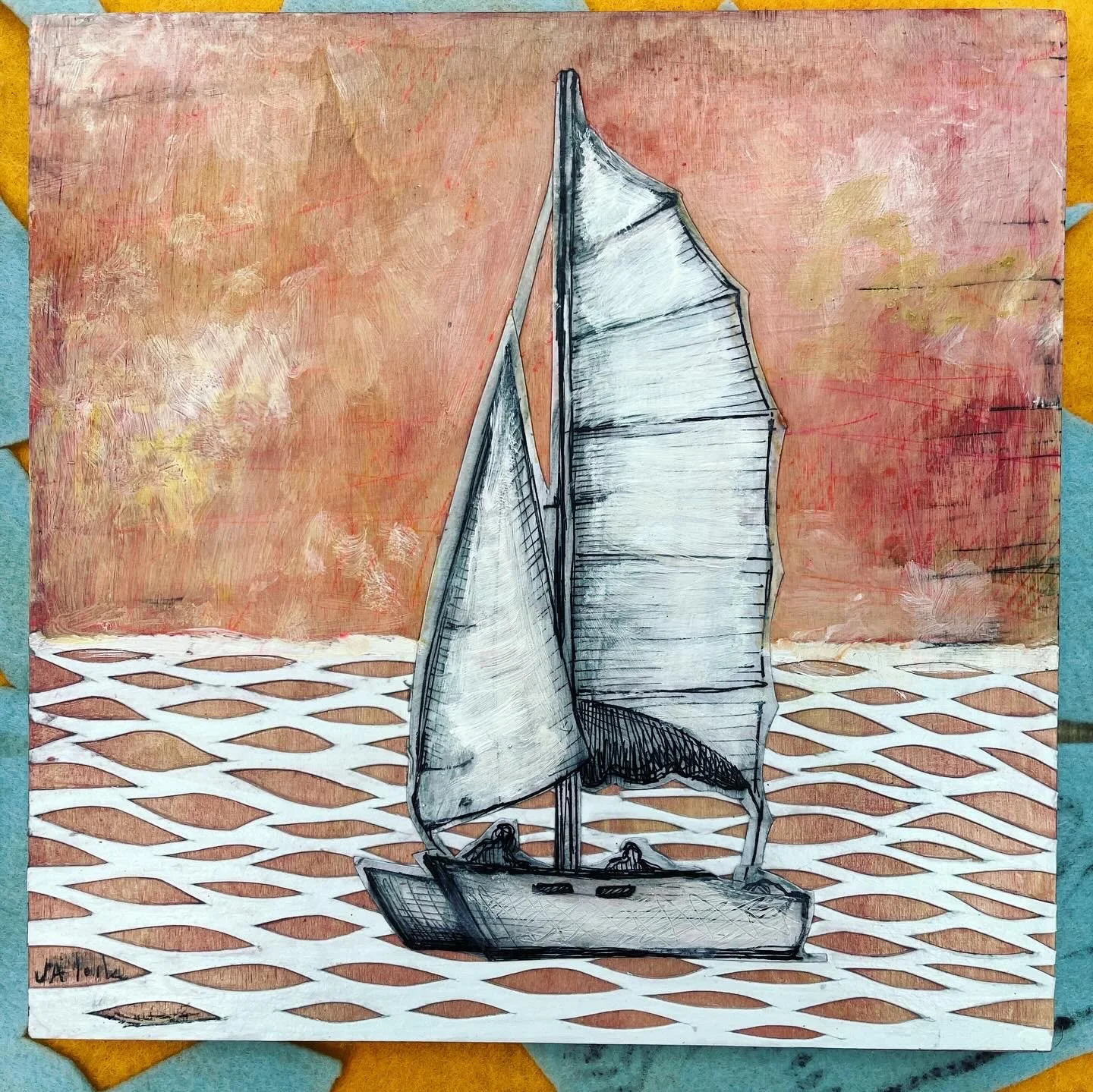 "Sunset Cat," papercut and acrylic ink on wood, 12" x 12", 2025. Available at the Gallery at Sweetgrass, Isle of Palms, SC. 