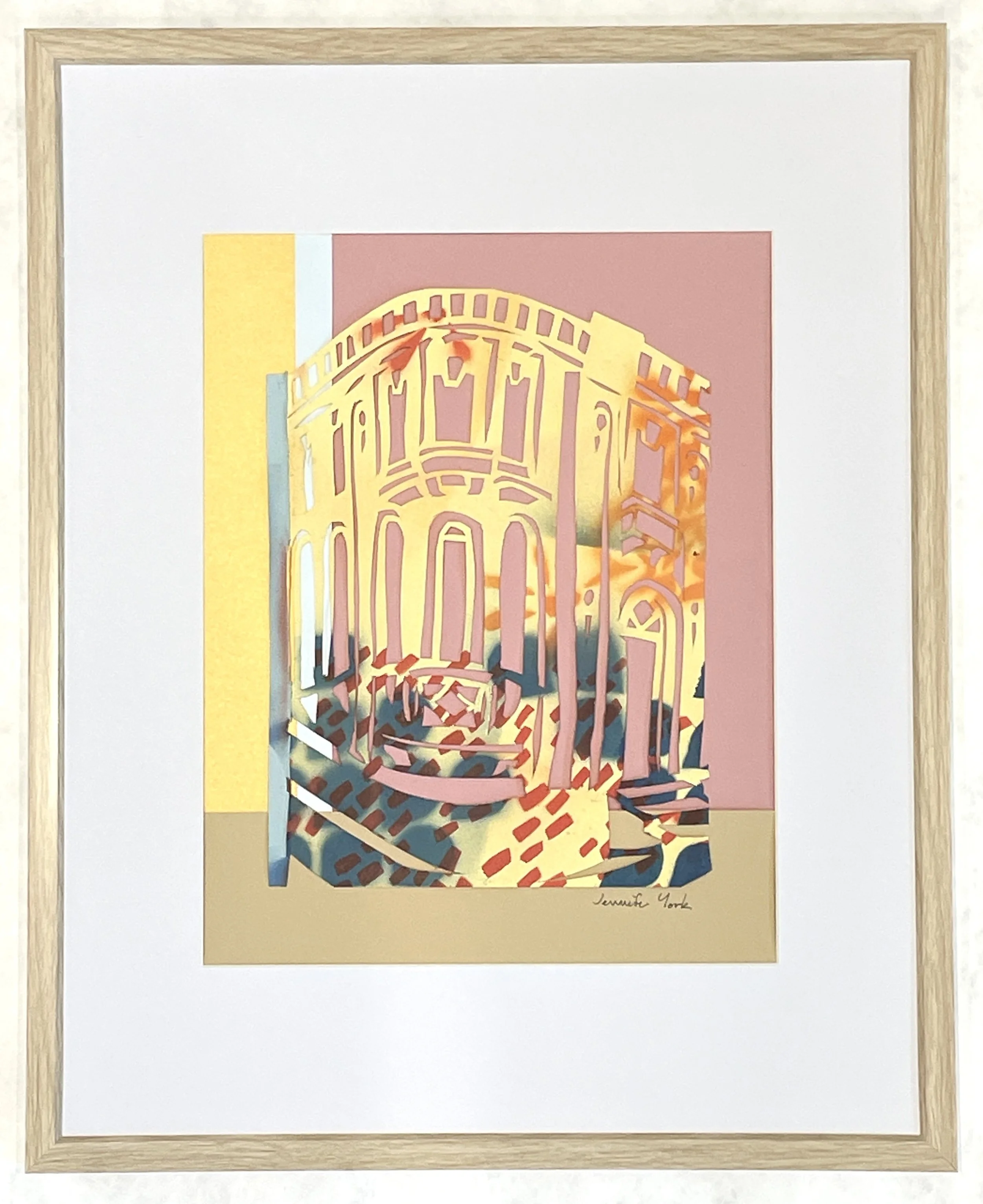 "Graffiti House in Blush," papercut and spray paint, 21"h x 17"w, 2025.