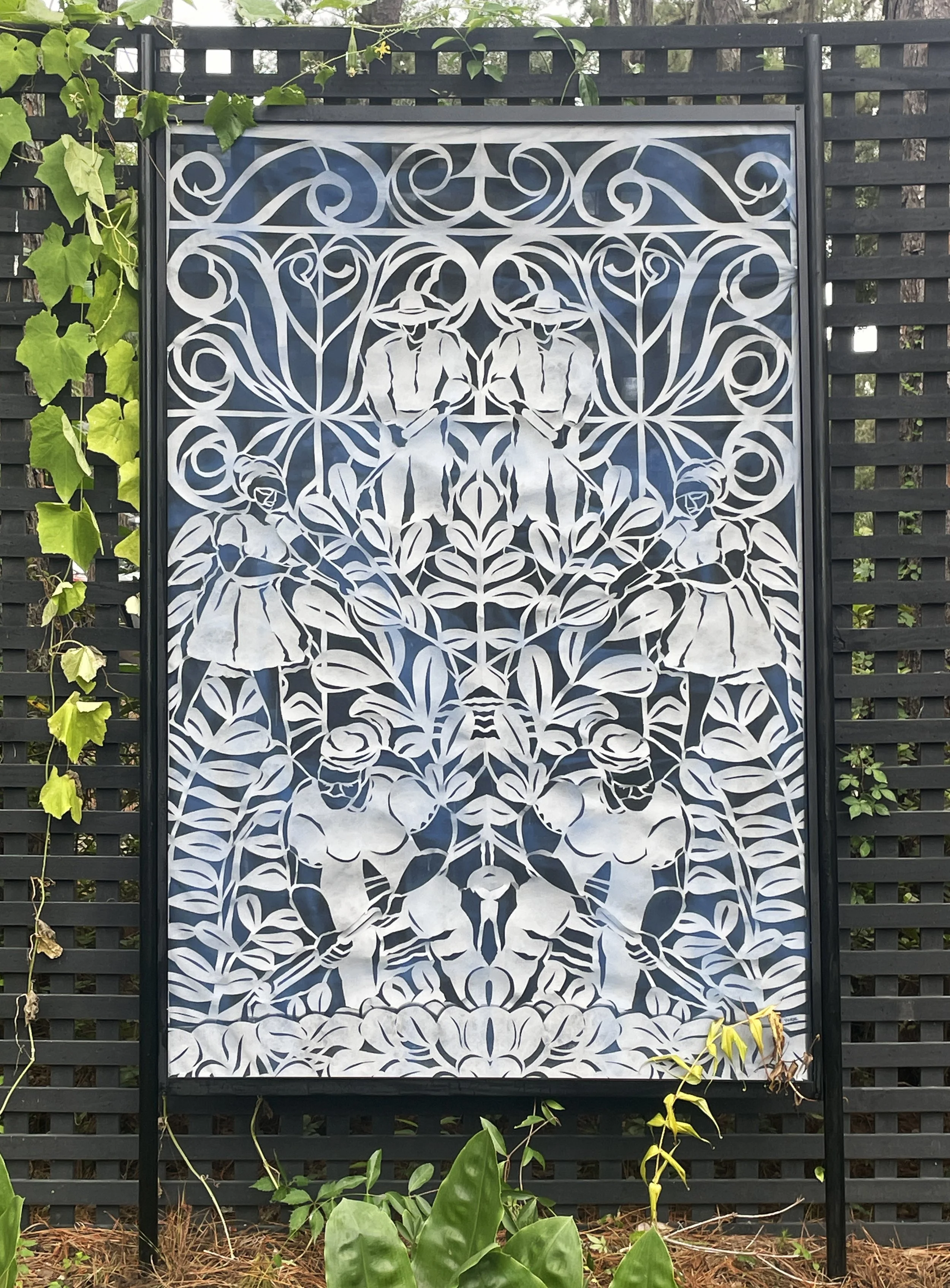 "Magnolia Indigo" tyvek papercut, mosquito netting, spray paint in aluminum frame.  84"h x 48"w, 2026. Magnolia Plantation and Gardens, Charleston, SC.
