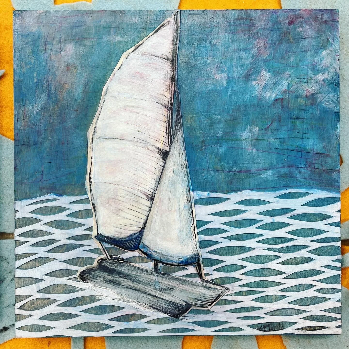 "Blue Cat," papercut and acrylic ink on wood, 12" x 12", 2025. Available at the Gallery at Sweetgrass, Isle of Palms, SC. 