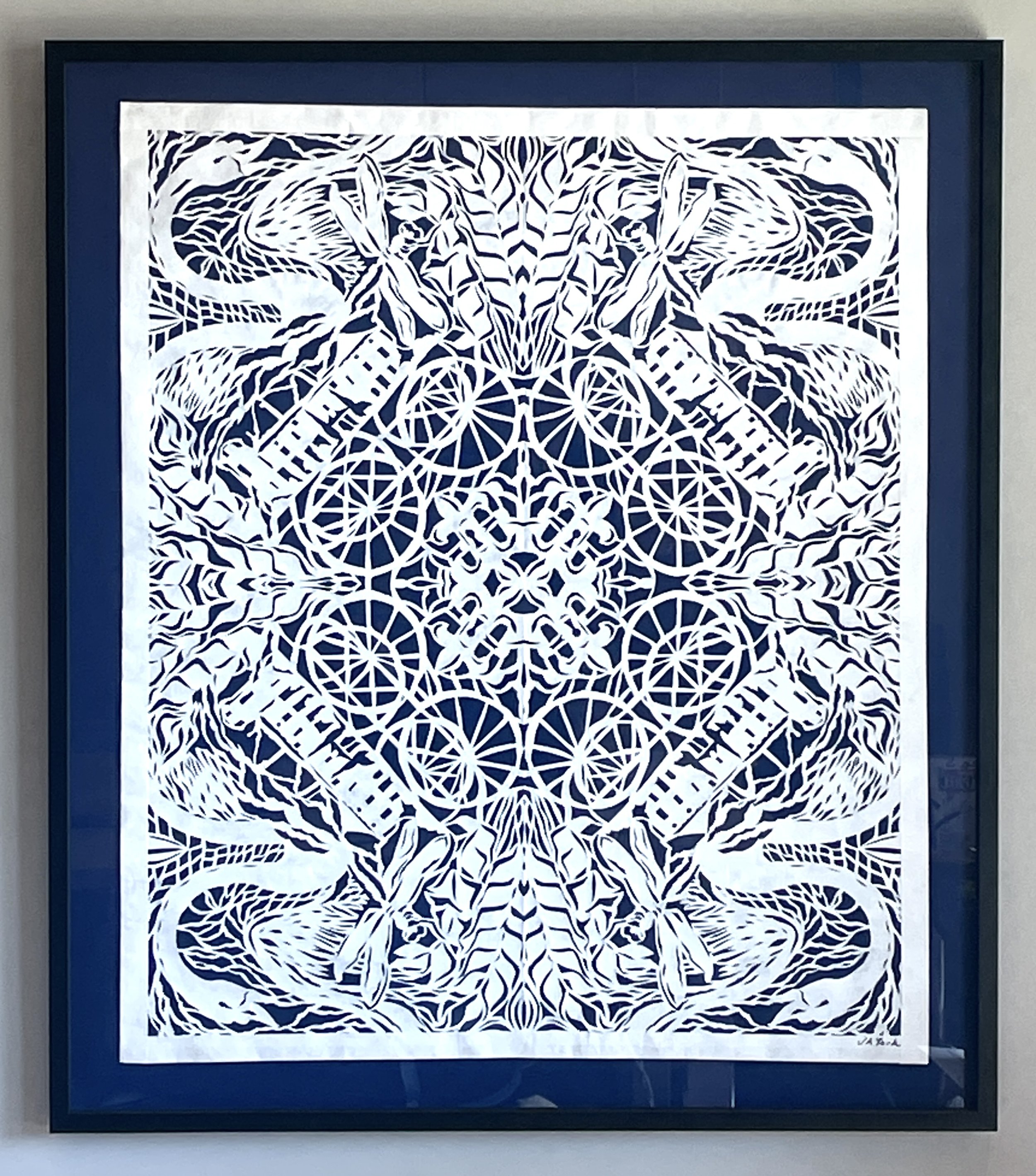 "Swan Song," tyvek papercut, framed. 41"h x 36"w x 2"d. 2024.  Cut on site in Rochefocault, France, 2024.
