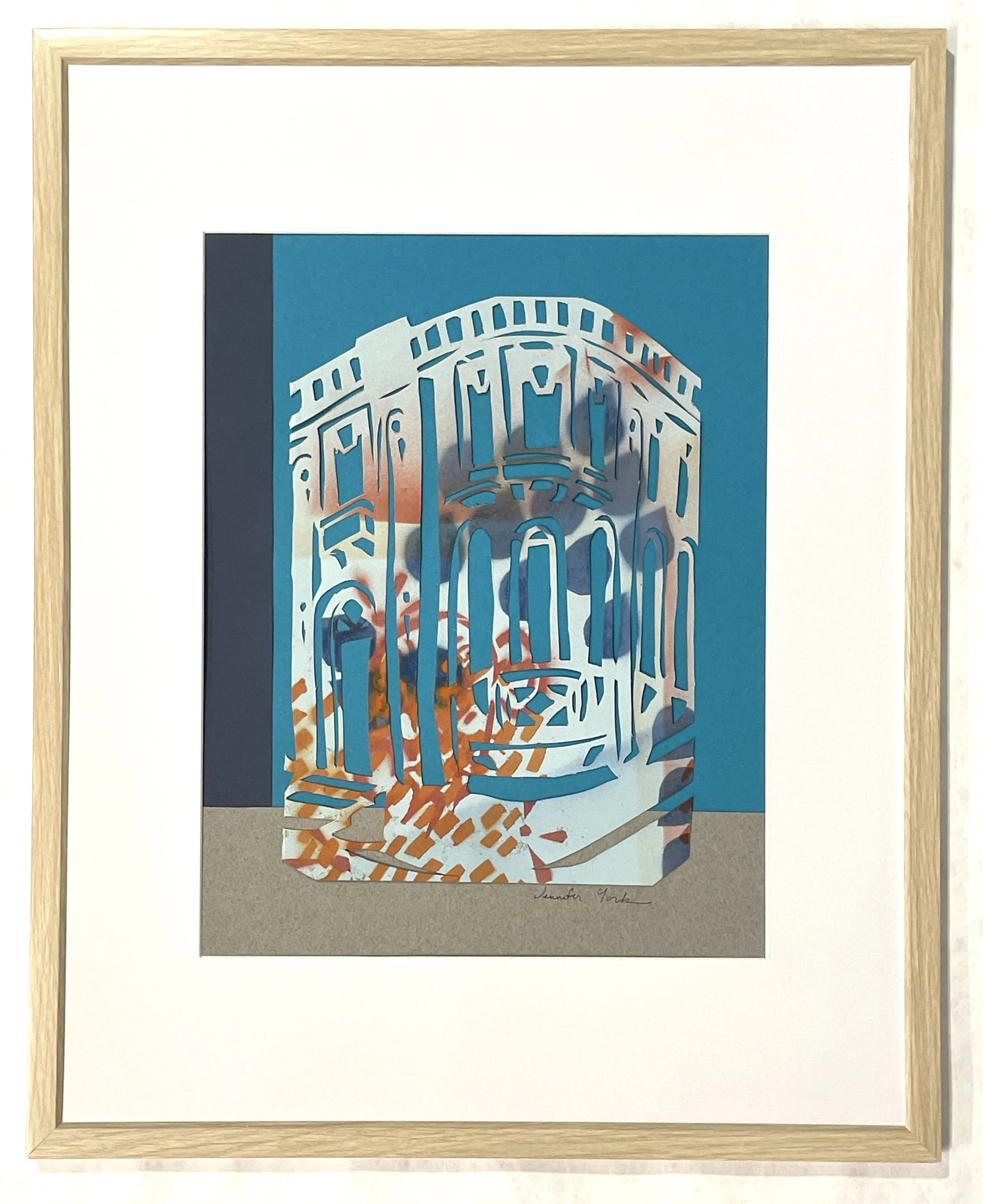 "Graffiti House in Blush," papercut and spray paint, 21"h x 17"w, 2025.