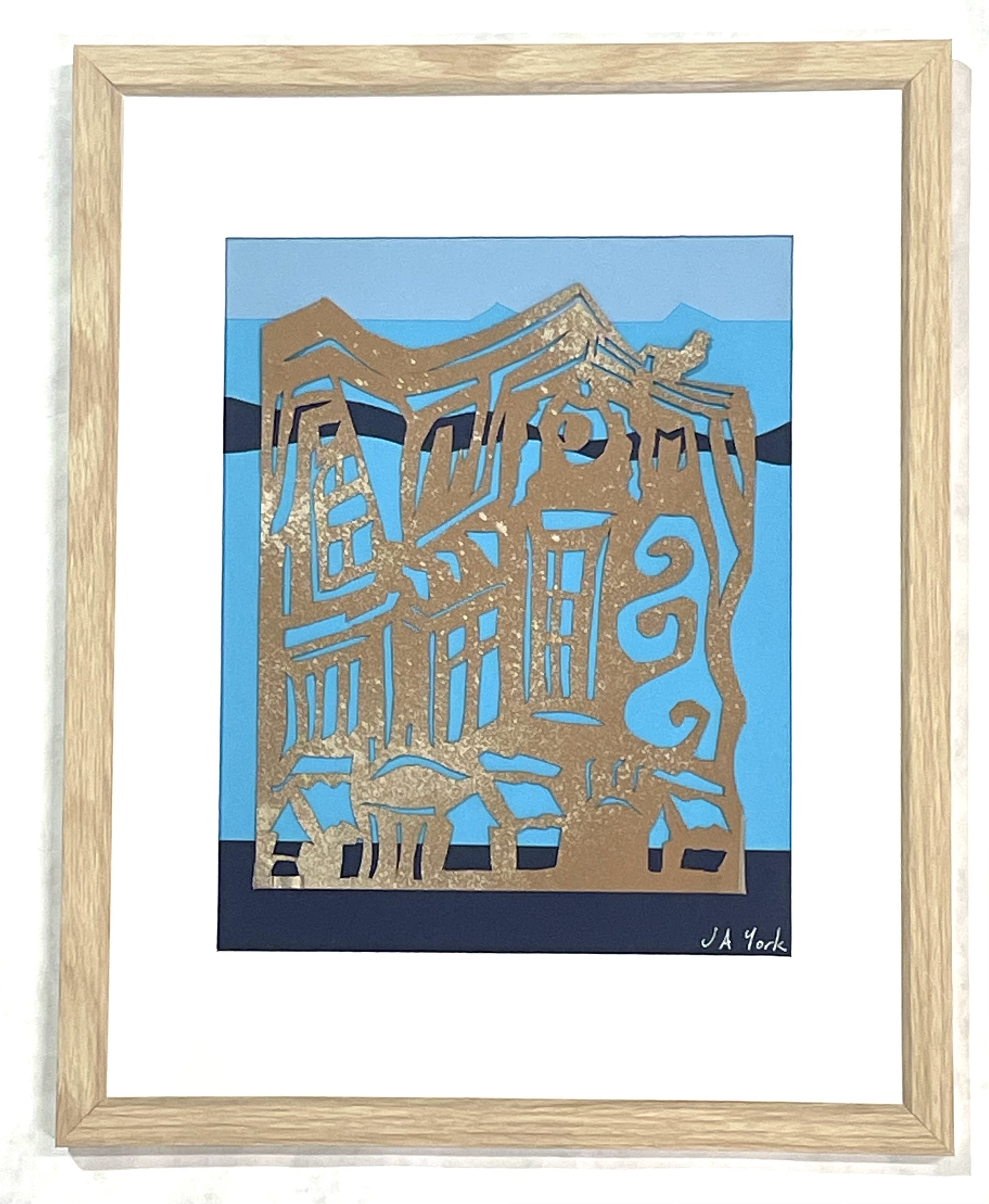 "Shipka School in Aqua," papercut and spray paint, 15"h x 12w, 2025.