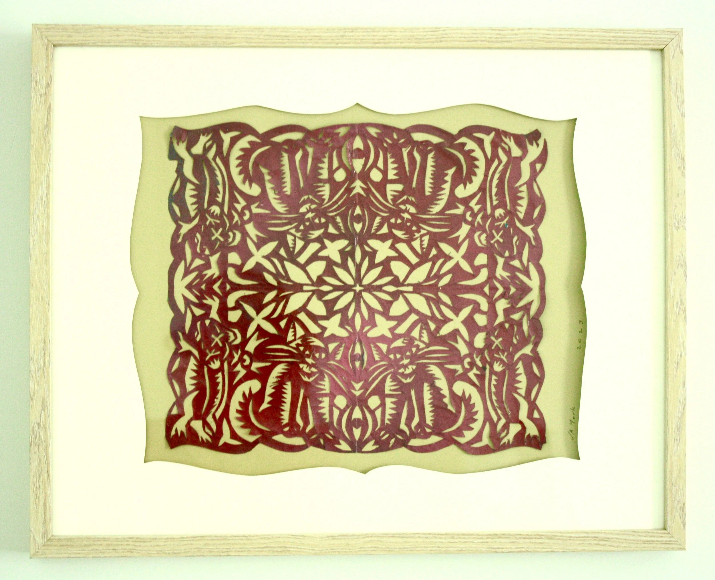 "Jasper's Prey," papercut and spray paint, 21"h x 17w, 2023.