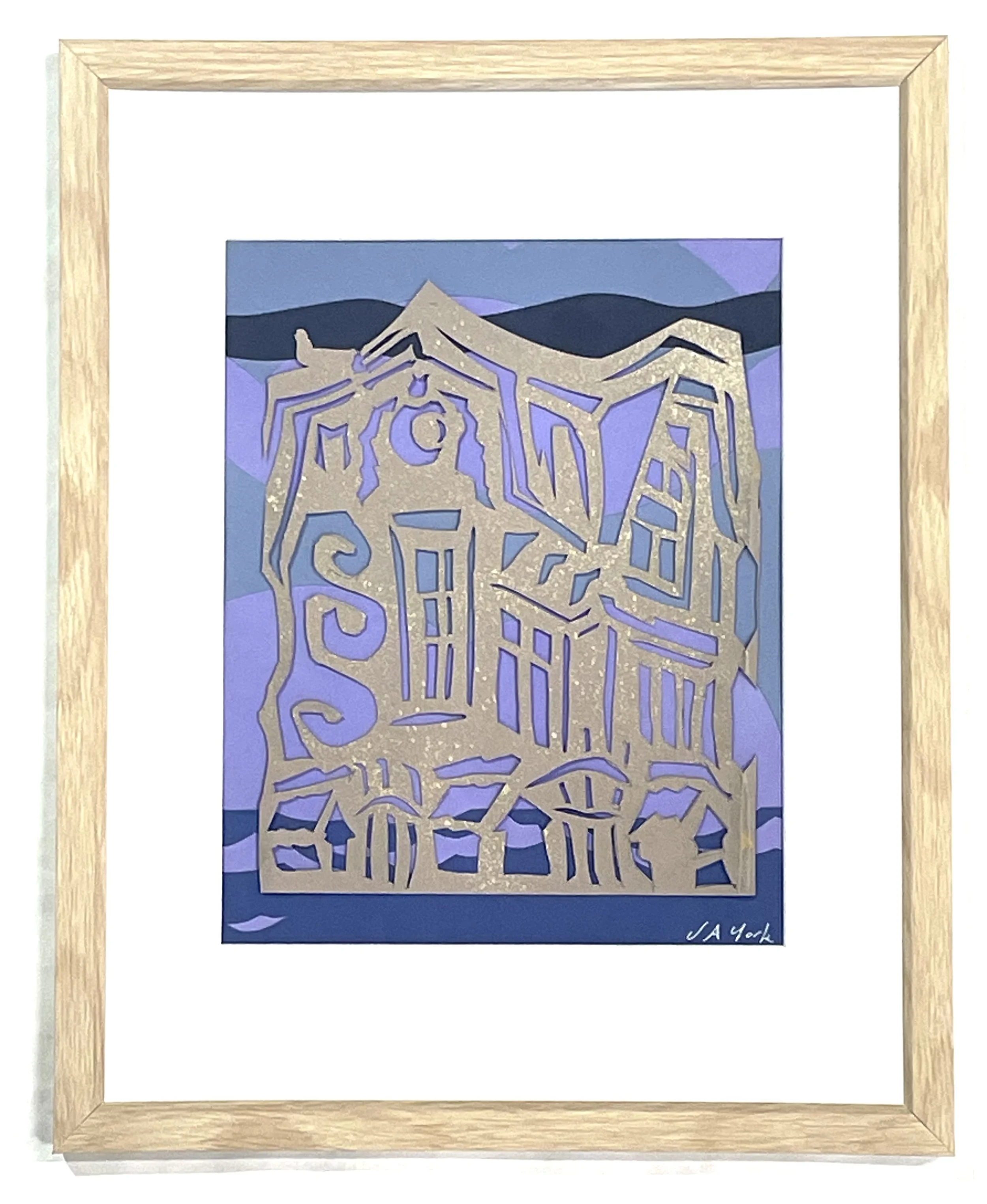 "Shipka School in Violet," papercut and spray paint, 15"h x 12w, 2025. Private collection.