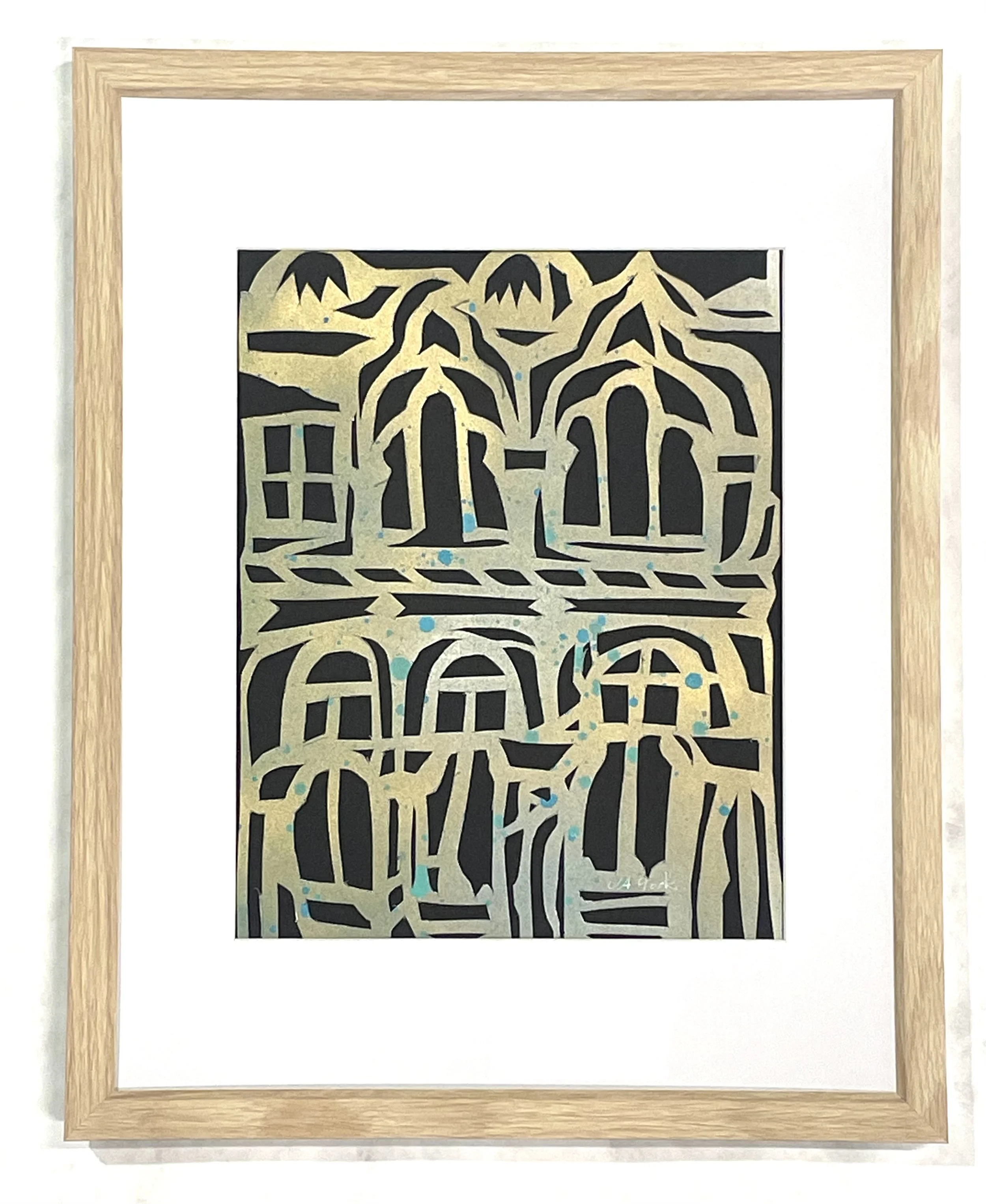 "Facade in Black and Gold," papercut and spray paint, 15"h x 12w, 2025.