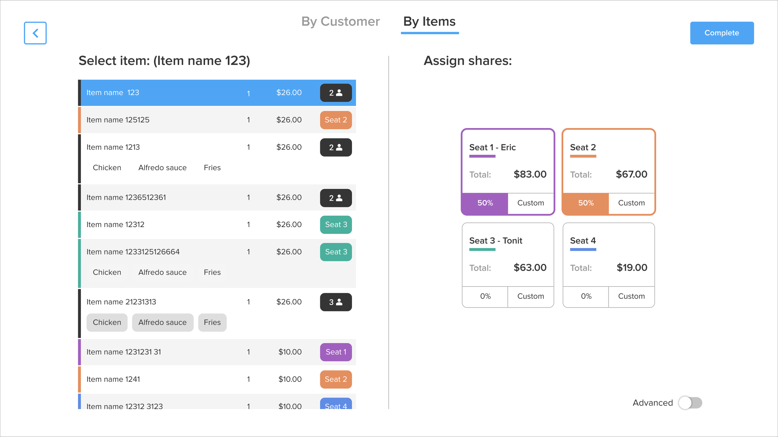Highly customizable bill splitting based on seating