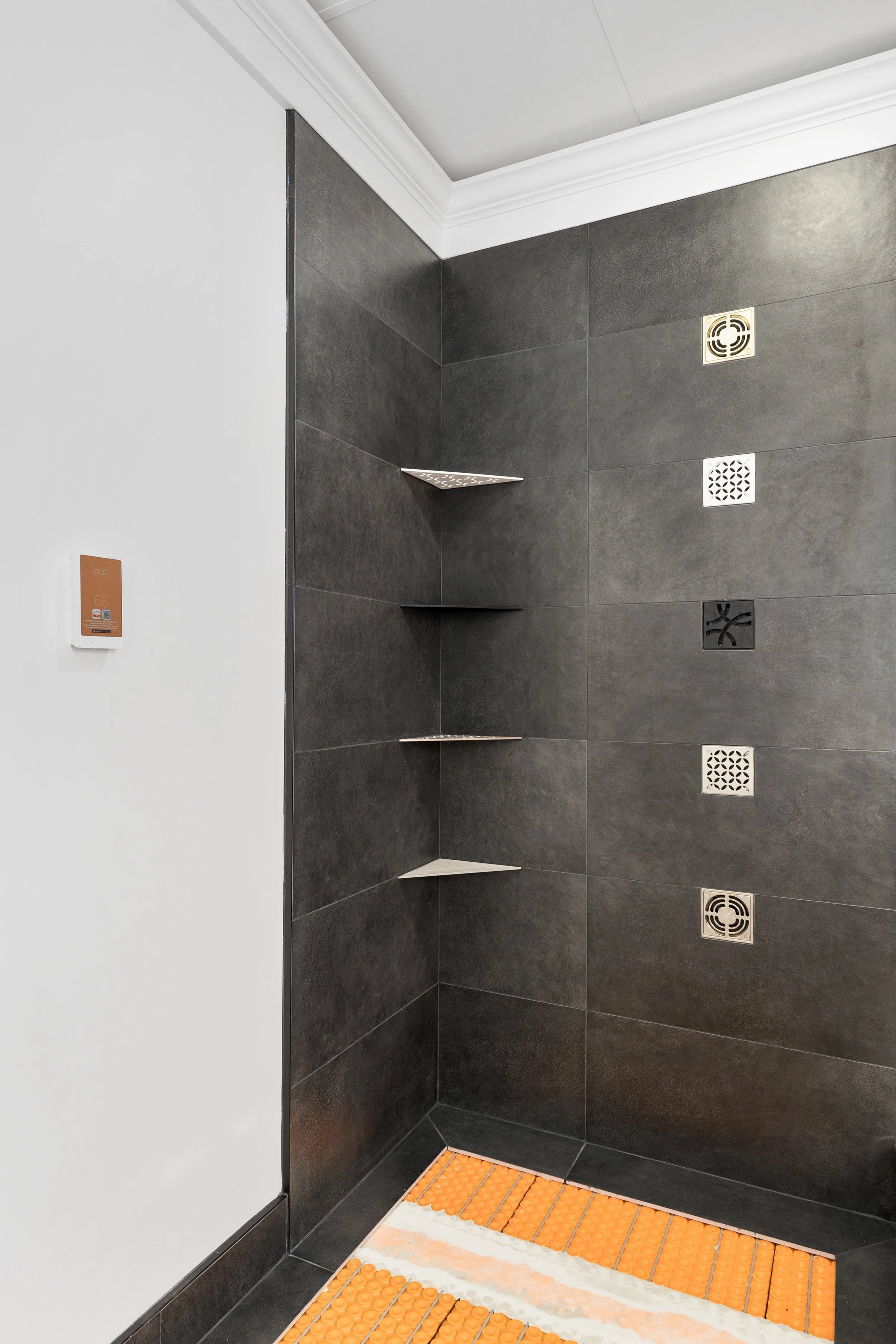 Waterproof bathroom shelves & drains