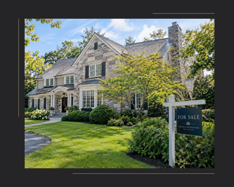 Luxury home on the Main Line with a for sale sign out front.