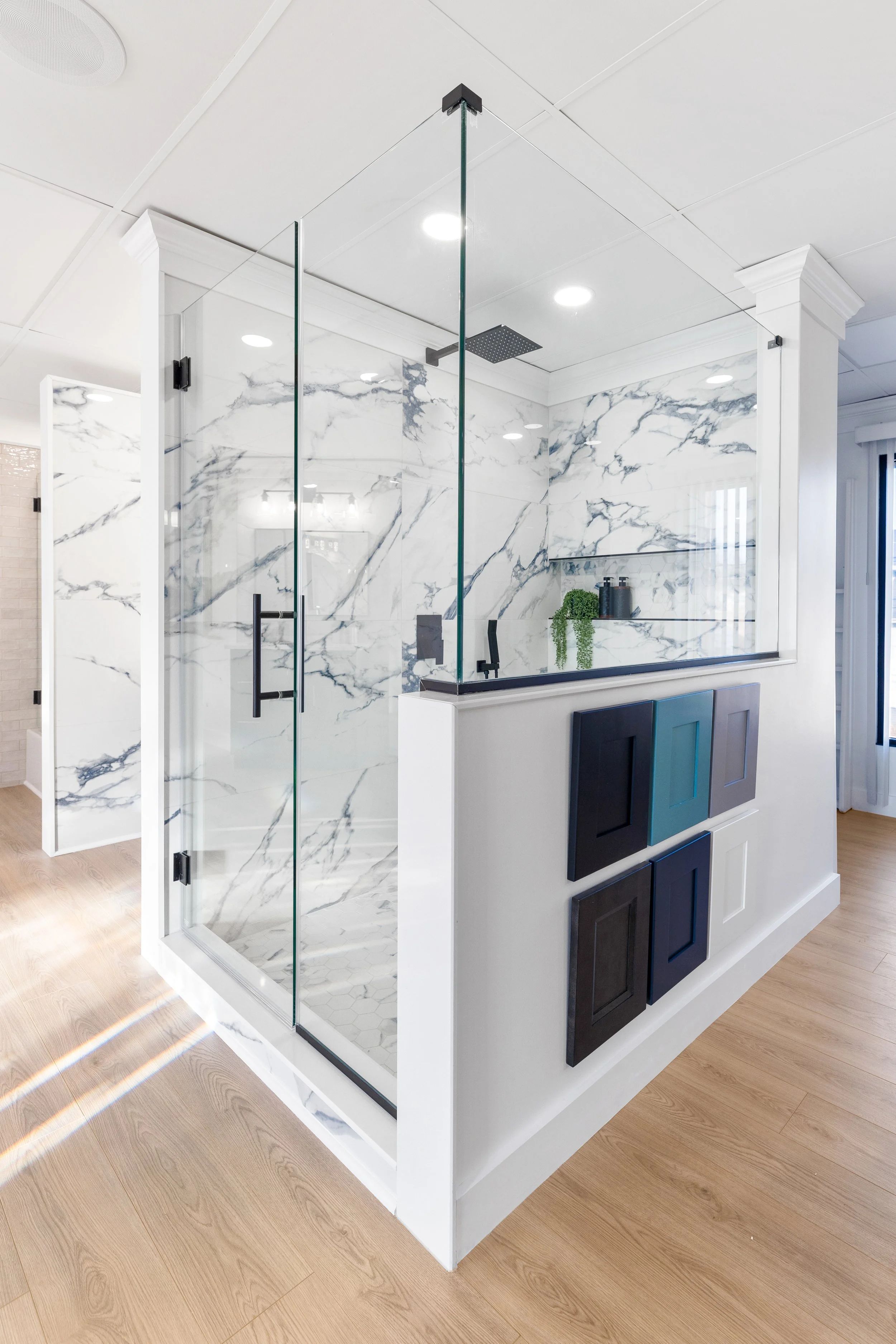 Waterproof bathroom shelves & drains