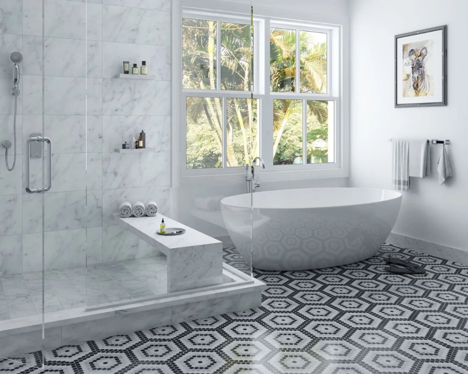 Black and white mosaic tile bathroom floor