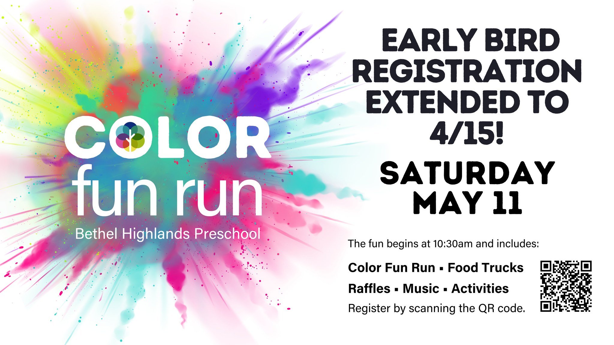 We are so excited to announce our Color Fun Run early bird deadline has been extended to Monday, April 15th. 

Go to https://www.bhphudson.org/color-fun-run-registration to get in on the early bird discount ending this Monday, April 15th. 
Your Ticke