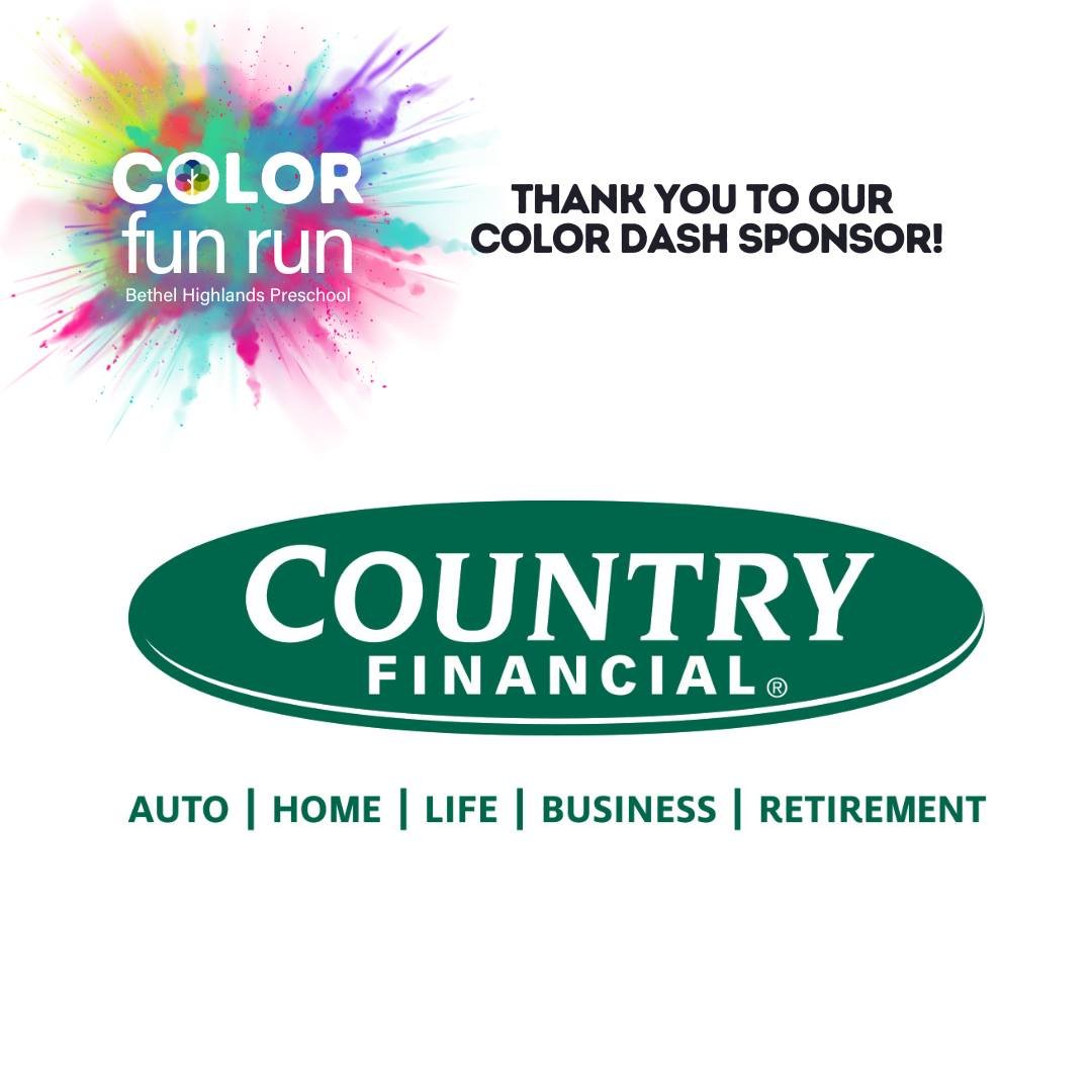 Thank you COUNTRY Financial for your color dash sponsorship.  If you are looking to achieve your financial goals. Reach out to Country Financial. They are ready to help you navigate through your life changes to help you reach your goal.