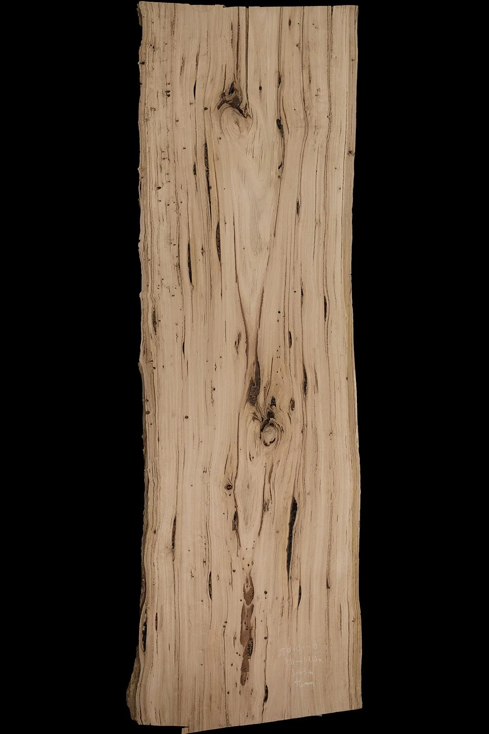 A natural wood plank with visible grain patterns and knots, set against a black background.