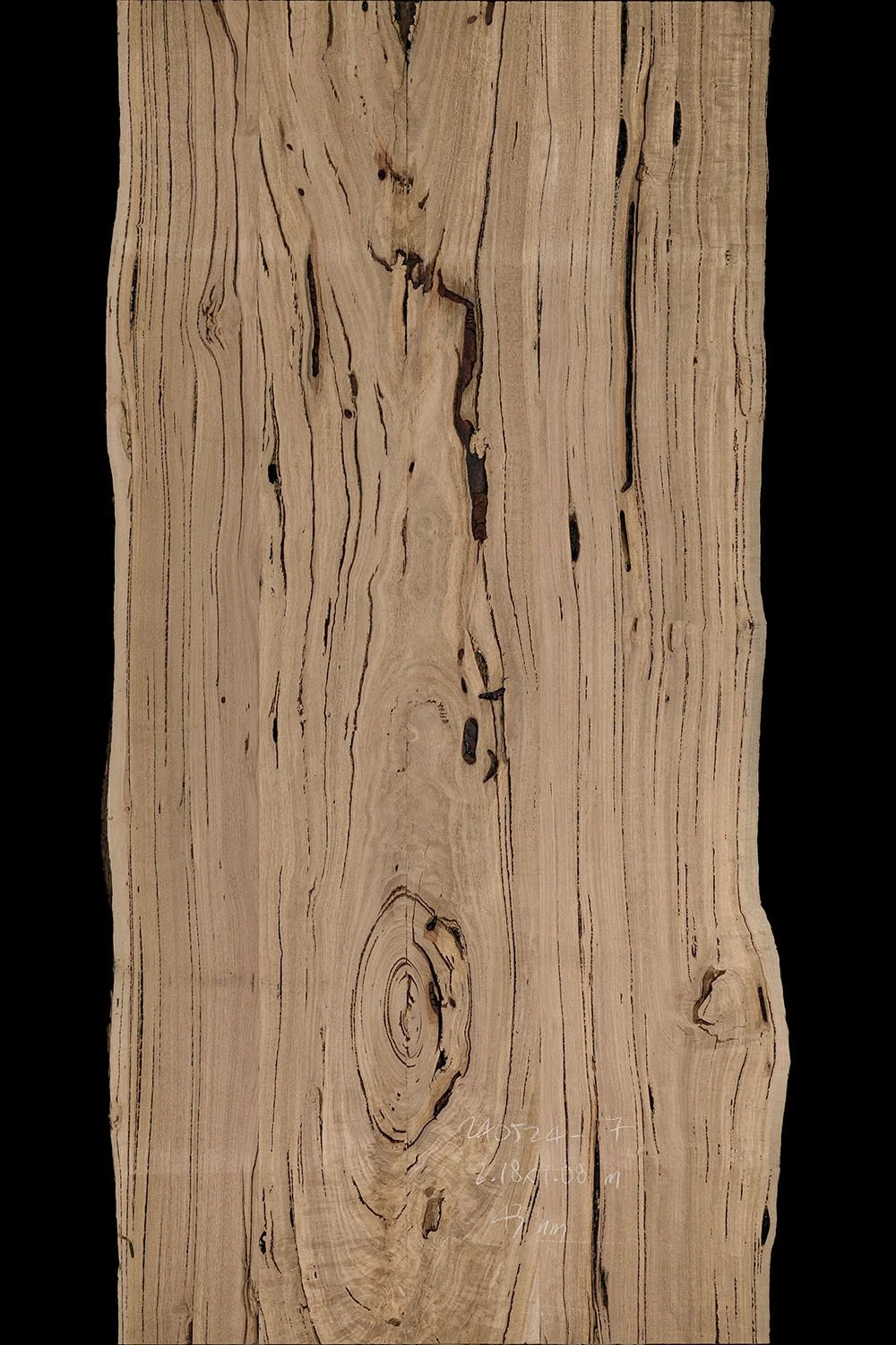 A slice of wood with natural grain patterns and knots, inscribed with some white handwritten notes.
