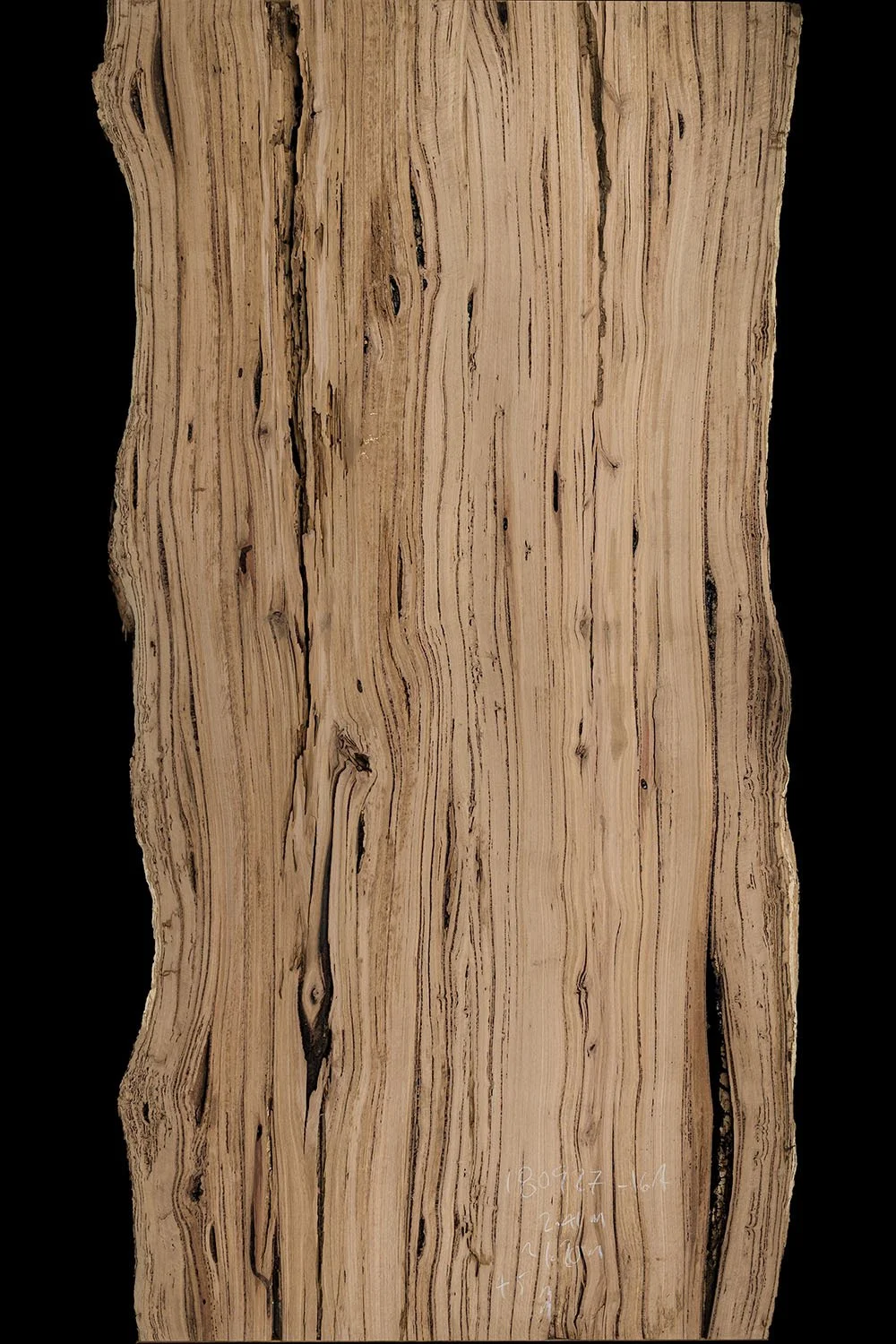 Close-up of a slab of natural messmate timber with visible grain patterns and knots, set against a black background.