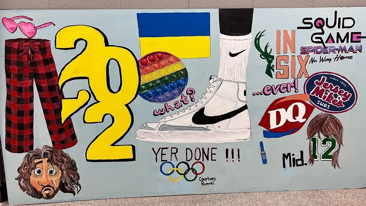 #2022 #mural #nikeblazer #wedonttalkaboutbruno #arronrodgers #mullet #popit #ukraine #heartglasses #bucksin6 #pajamapants #mid #whatever #yetdone #jerseymikes #dairyqueen #squidgame #pushpop #spidermanfarfromhome #middleschoolart #badgerartclass
