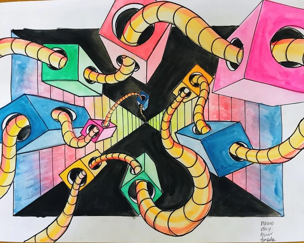 Make this project with this YouTube tutorial series. Link in bio. It&rsquo;s free for everyone to use!  #badgerartclass #middleschoolart #drawing #onepointperspective #drawingtutorial #painting #arteducation #tempera