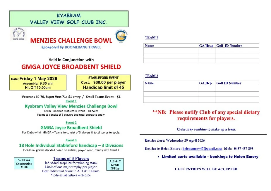 Menzies Challenge Bowl &amp; GMGA Joyce Broadbent Shield - Friday 1 May 2026