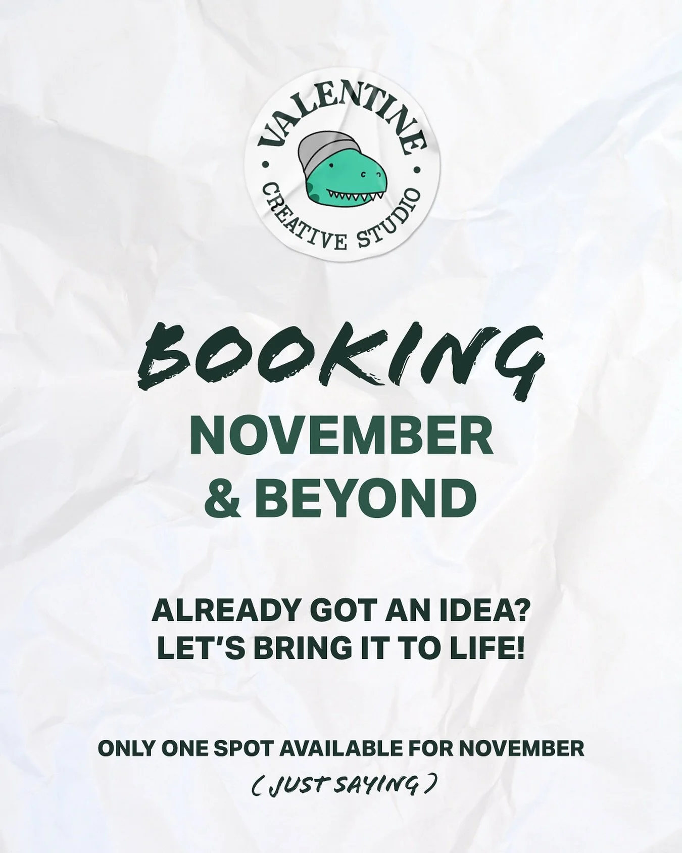 Now booking for November &amp; beyond! ✨
Only one spot available starting end of November.

DMs are open or head to the link in bio to enquire, let&rsquo;s make it happen! 🦖 
.
.
.
.
#branddesign #brandidentitydesign #visualidentity #creativebusines