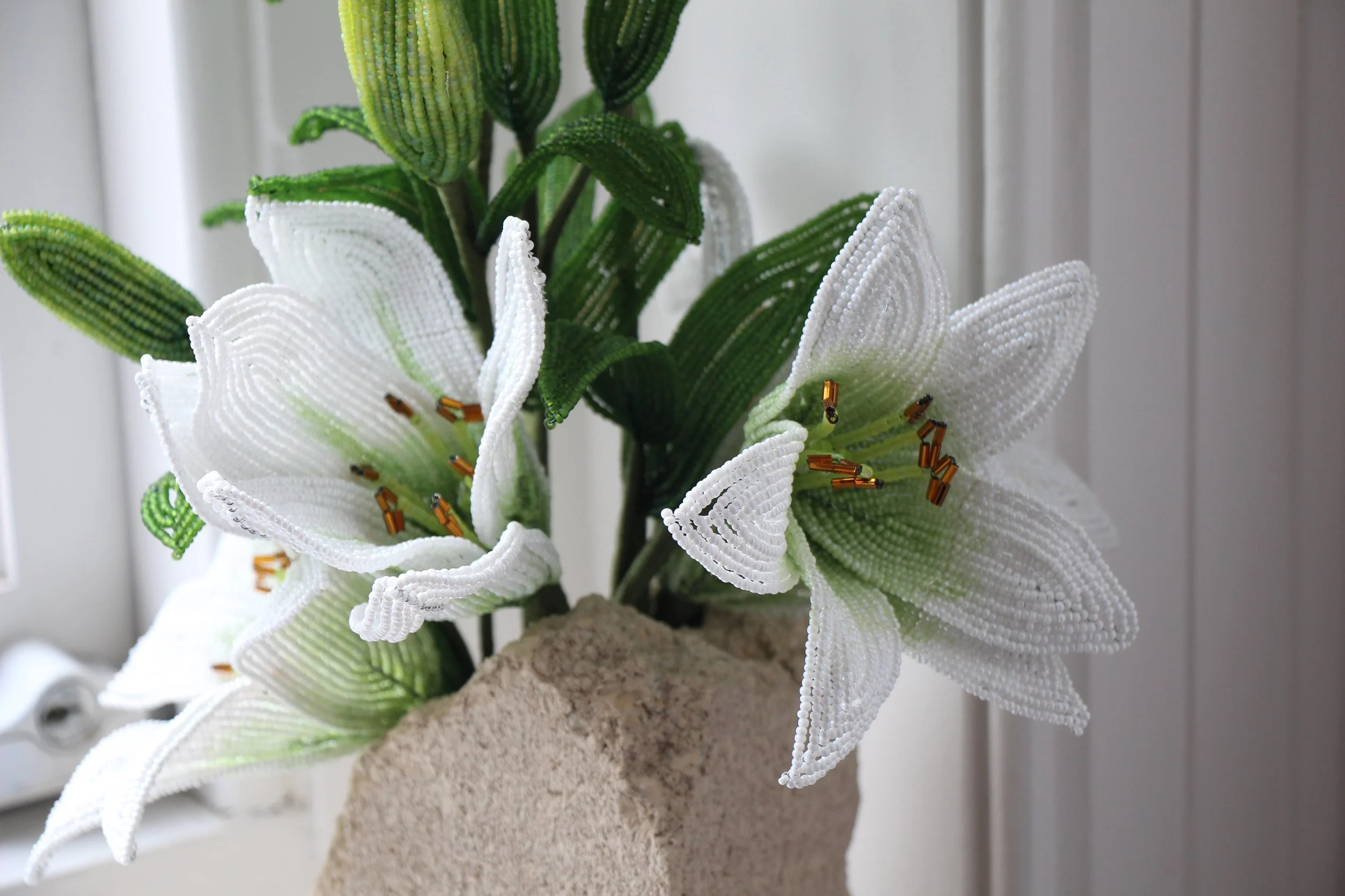 Beaded white lily flowers by Hark Handmade
